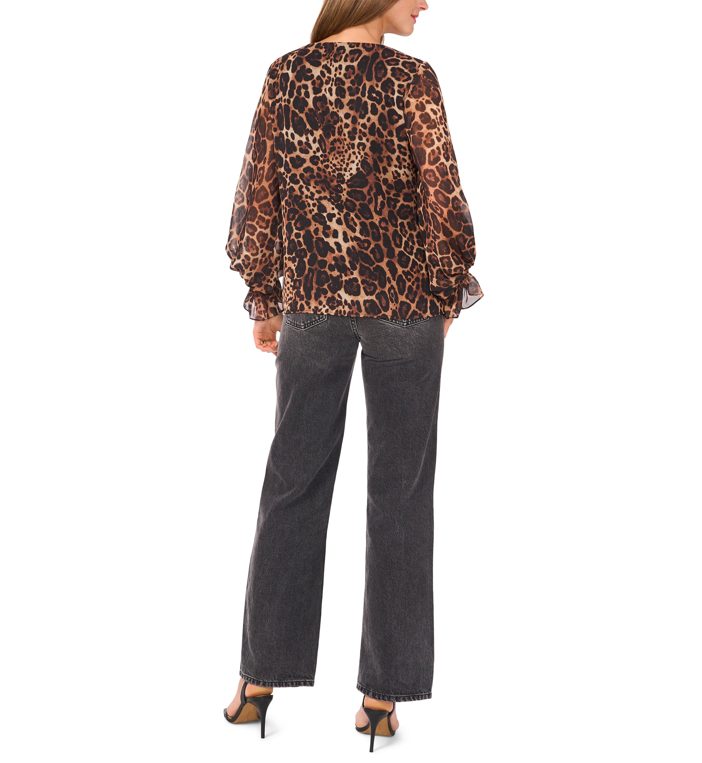Womens 3/4 Sleeve V-Neck Leopard Print Blouse