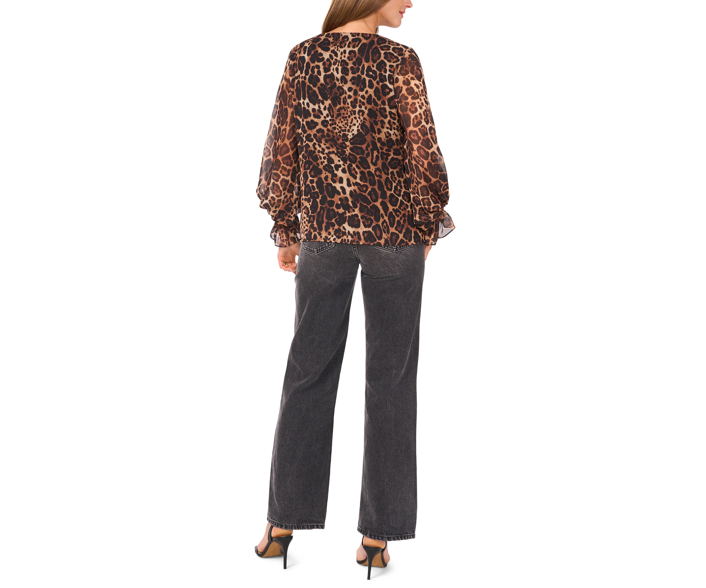 Womens 3/4 Sleeve V-Neck Leopard Print Blouse