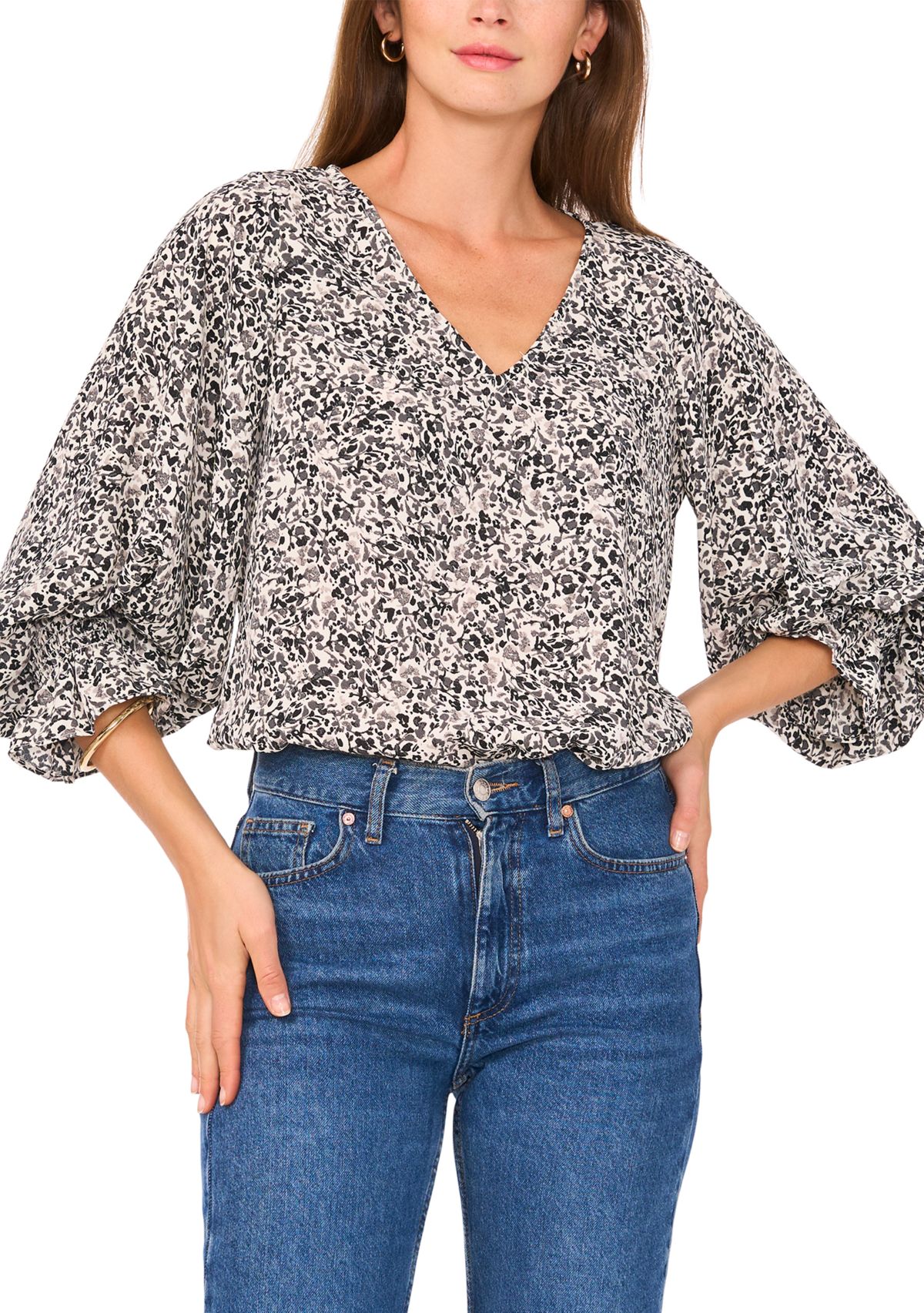 Womens 3/4 Sleeve V-Neck Floral Blouse
