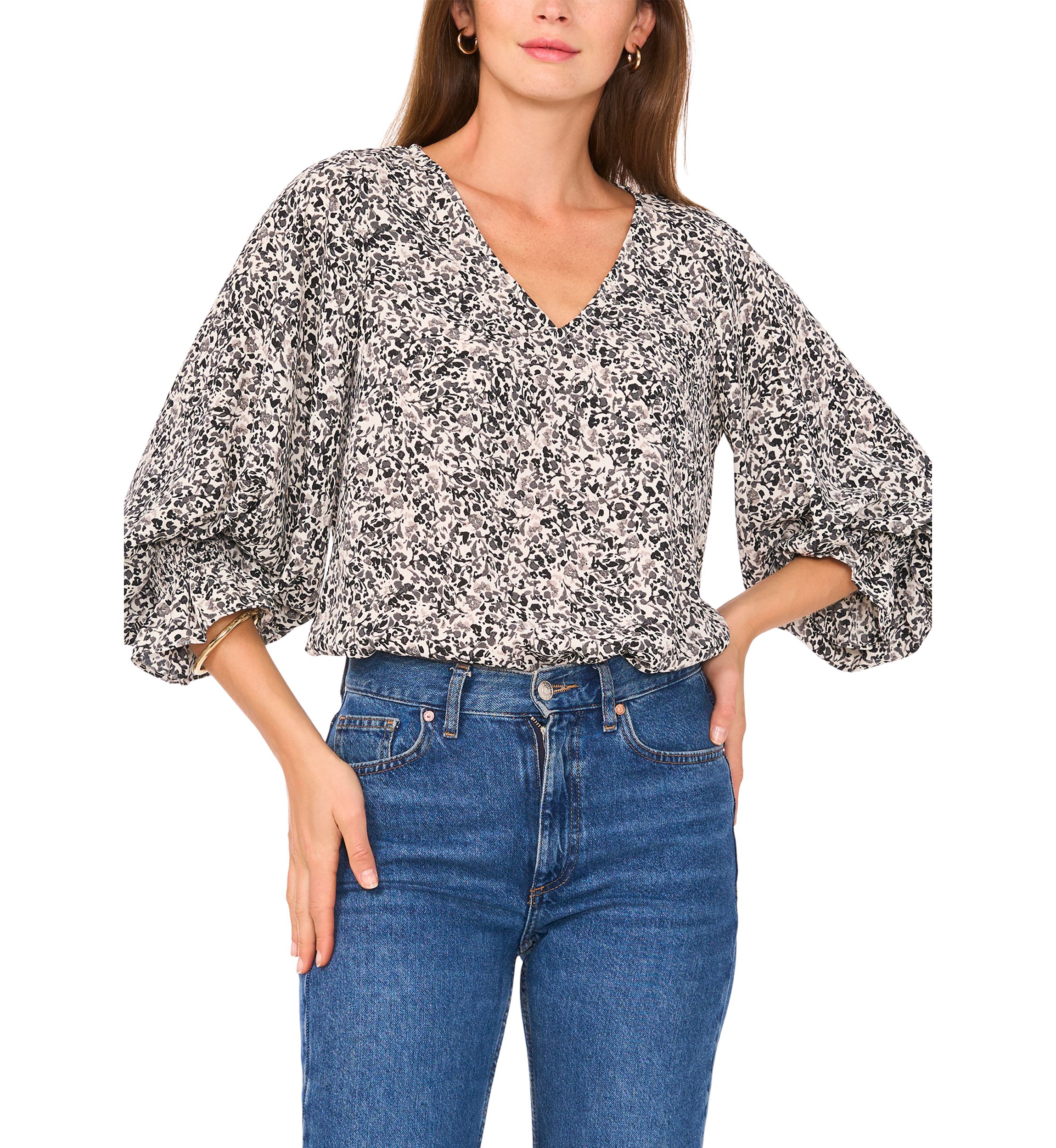 Womens 3/4 Sleeve V-Neck Floral Blouse