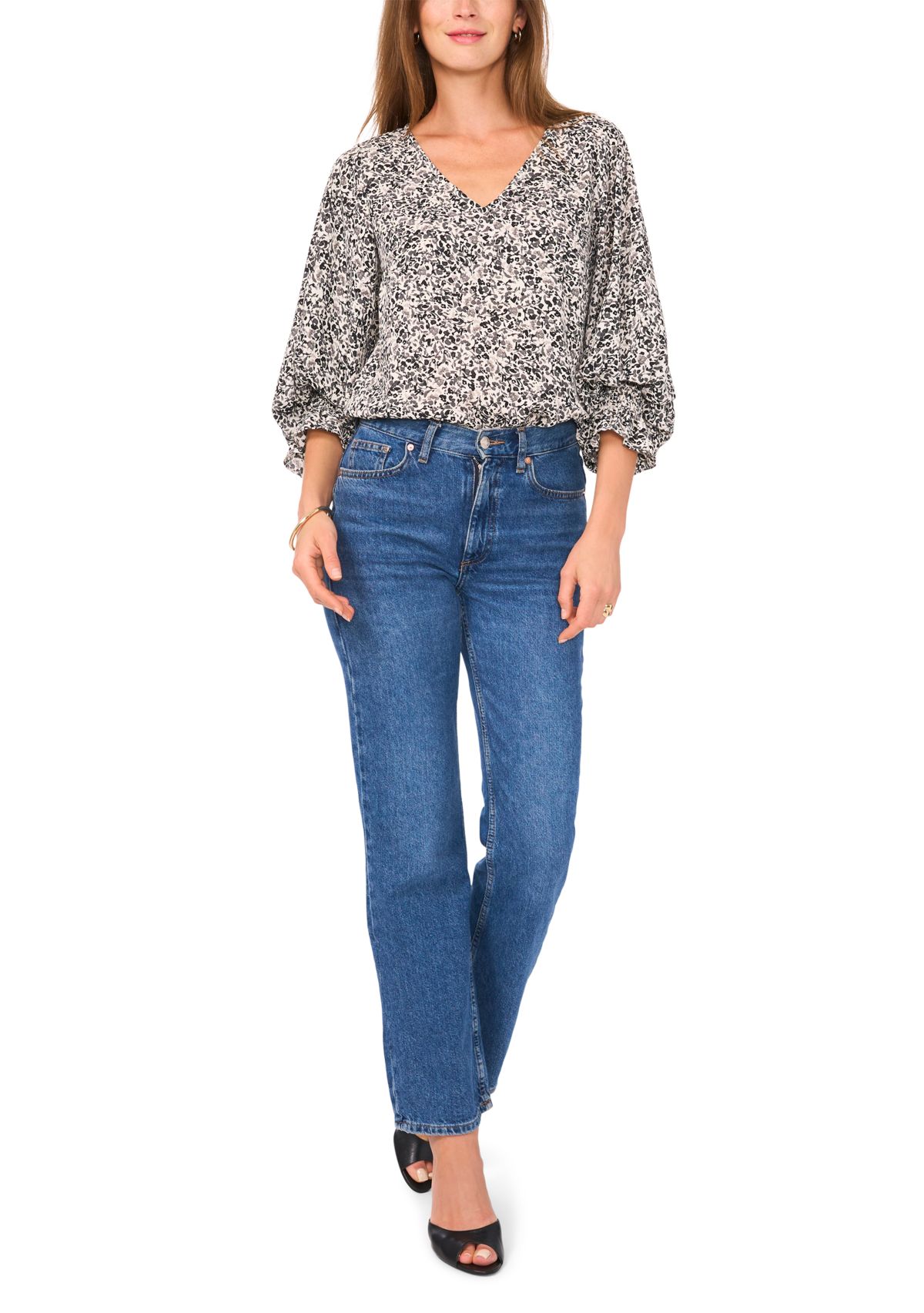 Womens 3/4 Sleeve V-Neck Floral Blouse