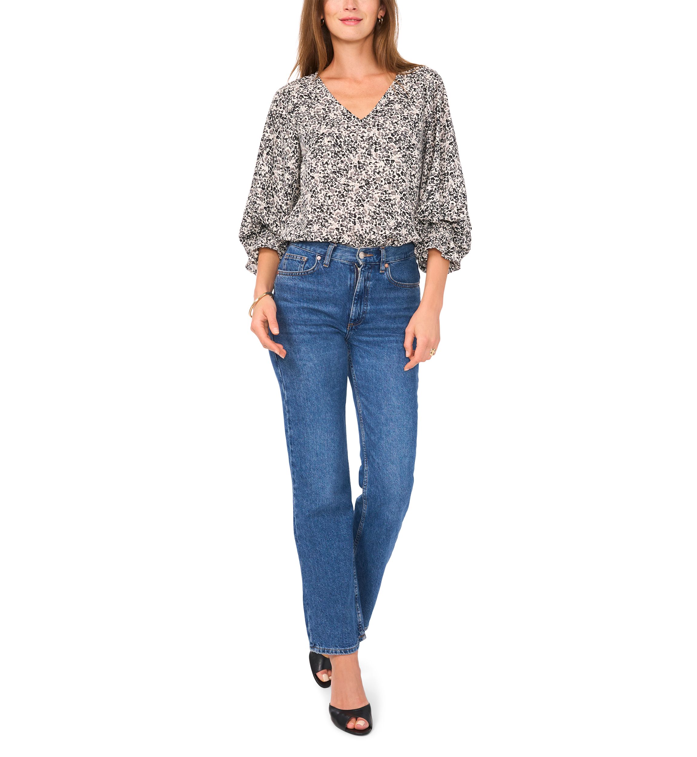 Womens 3/4 Sleeve V-Neck Floral Blouse