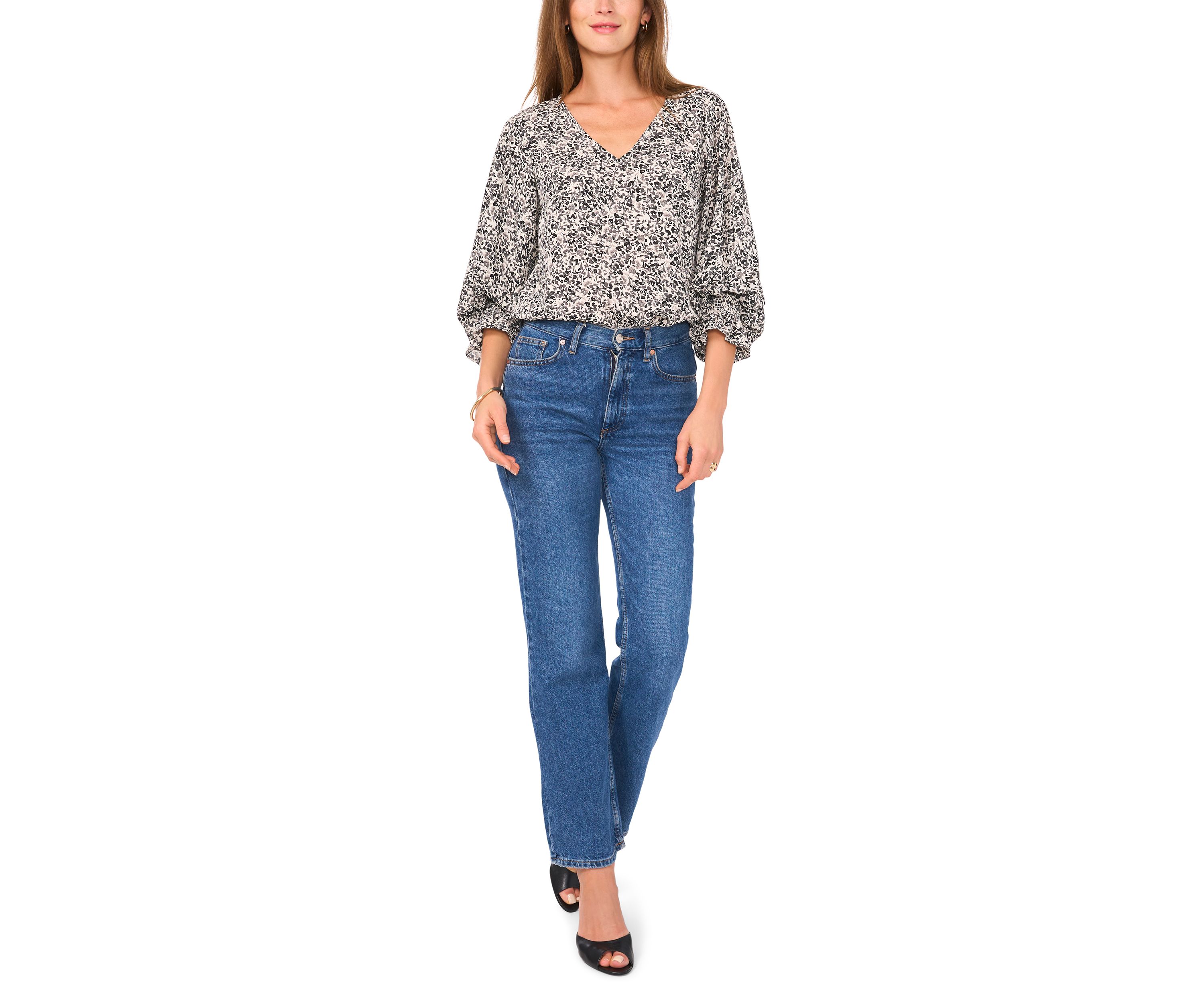Womens 3/4 Sleeve V-Neck Floral Blouse
