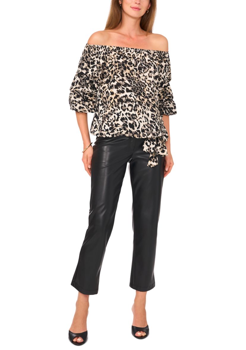 Womens Off the Shoulder Cha Cha Sleeve Animal Print Blouse