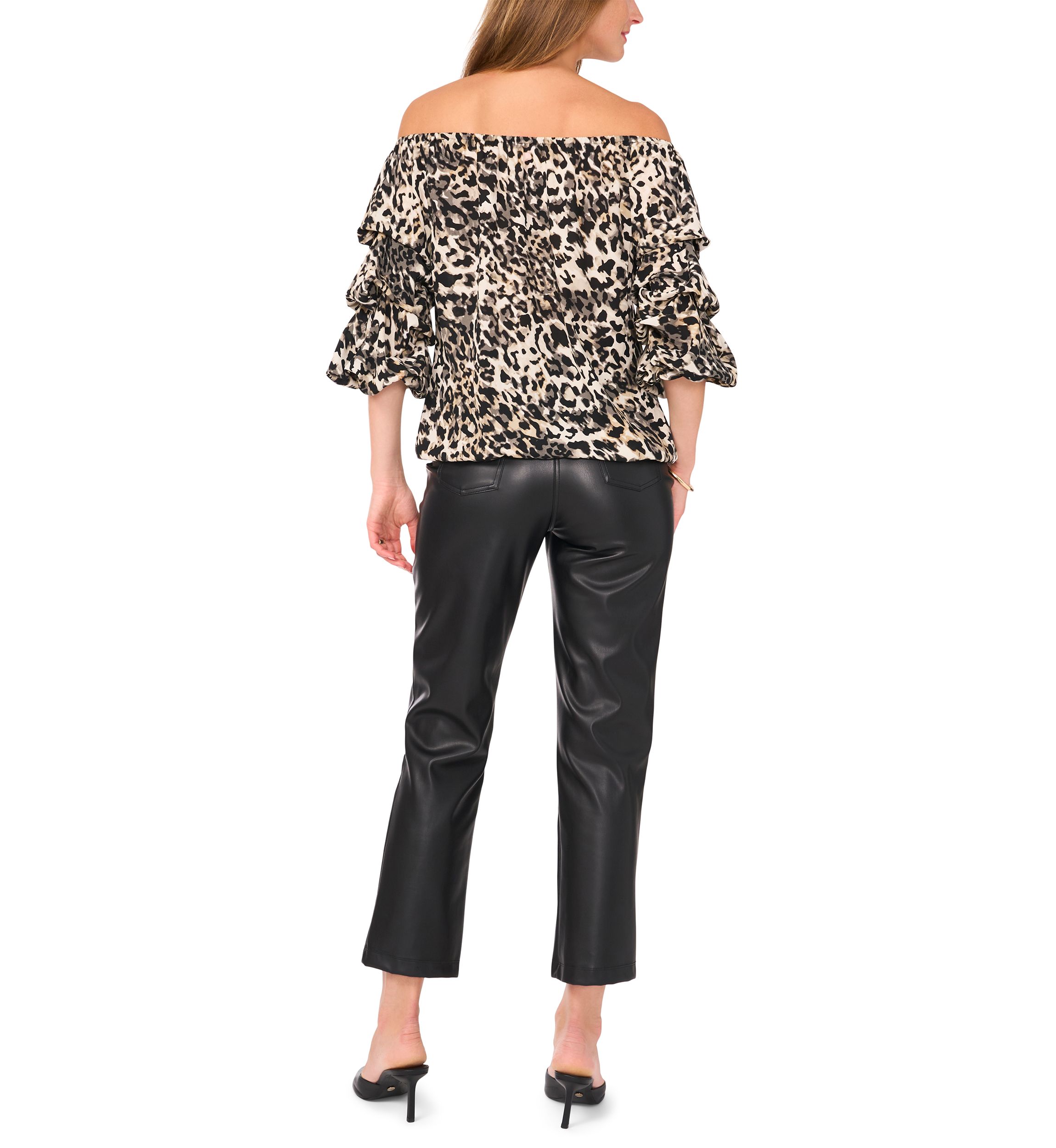 Womens Off the Shoulder Cha Cha Sleeve Animal Print Blouse