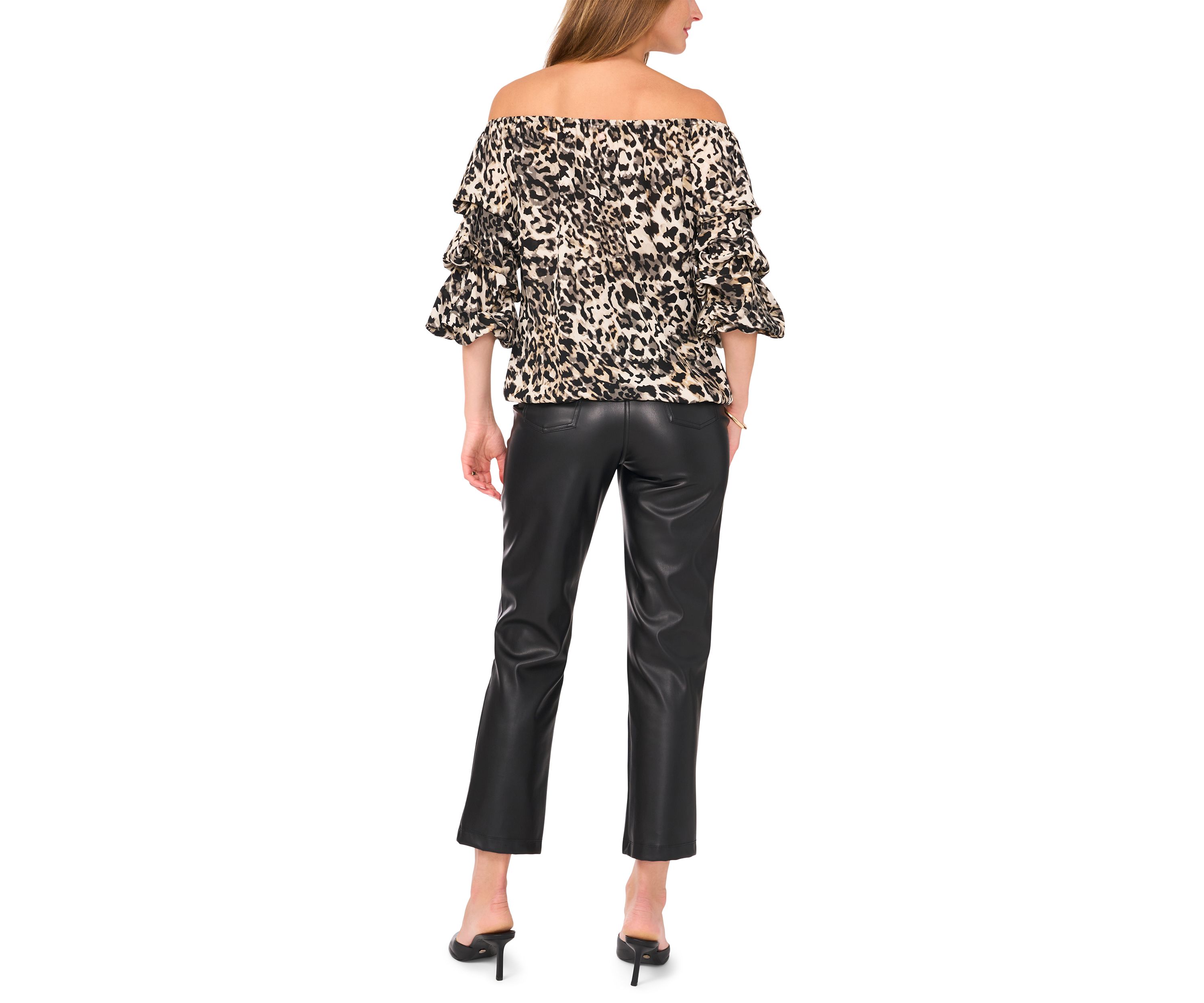 Womens Off the Shoulder Cha Cha Sleeve Animal Print Blouse