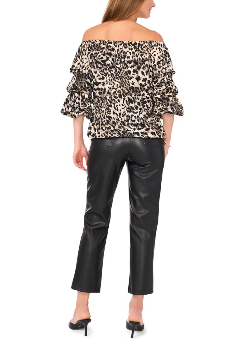 Womens Off the Shoulder Cha Cha Sleeve Animal Print Blouse