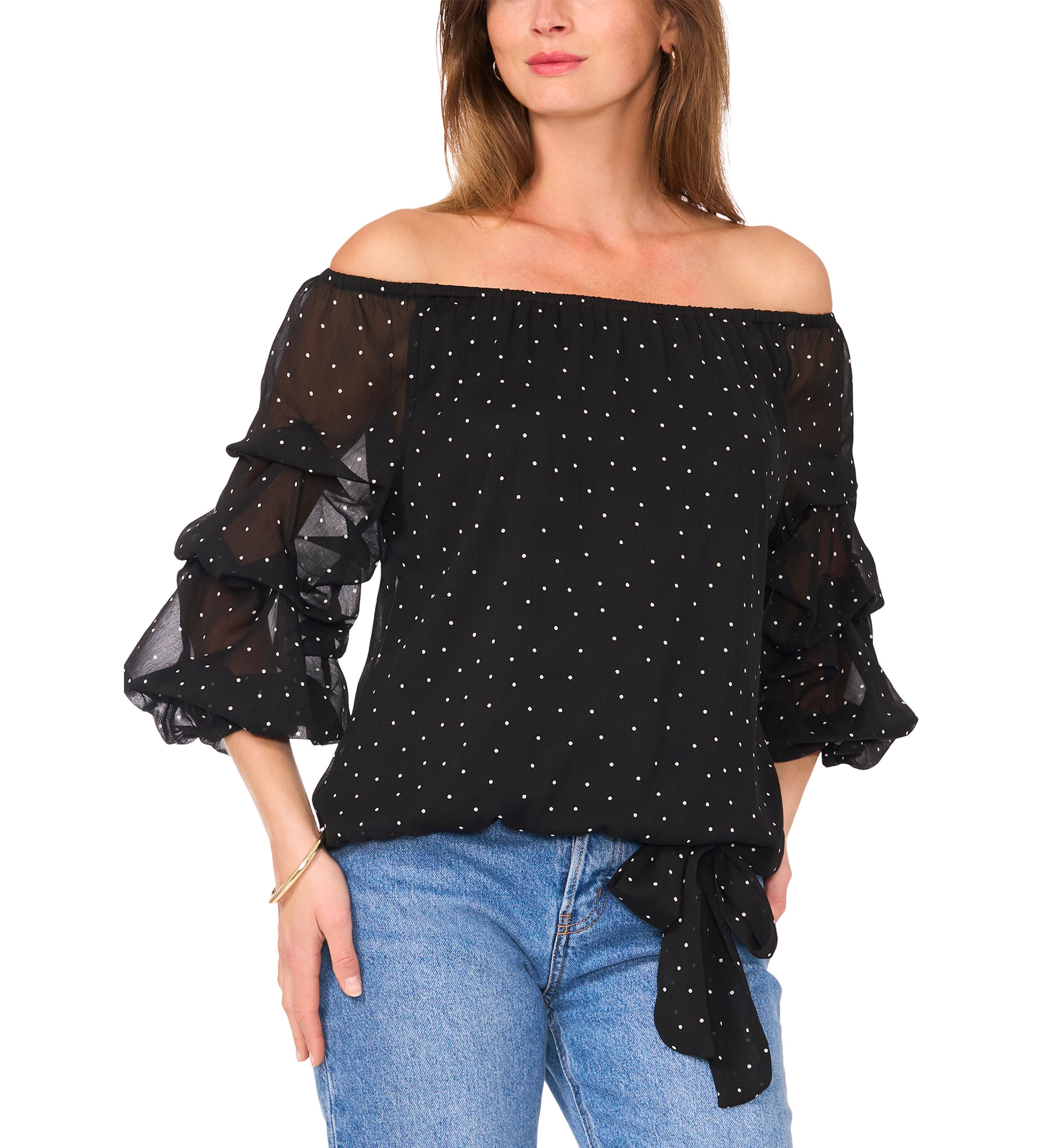 Womens Off the Shoulder Cha Cha Sleeve Dot Print Blouse