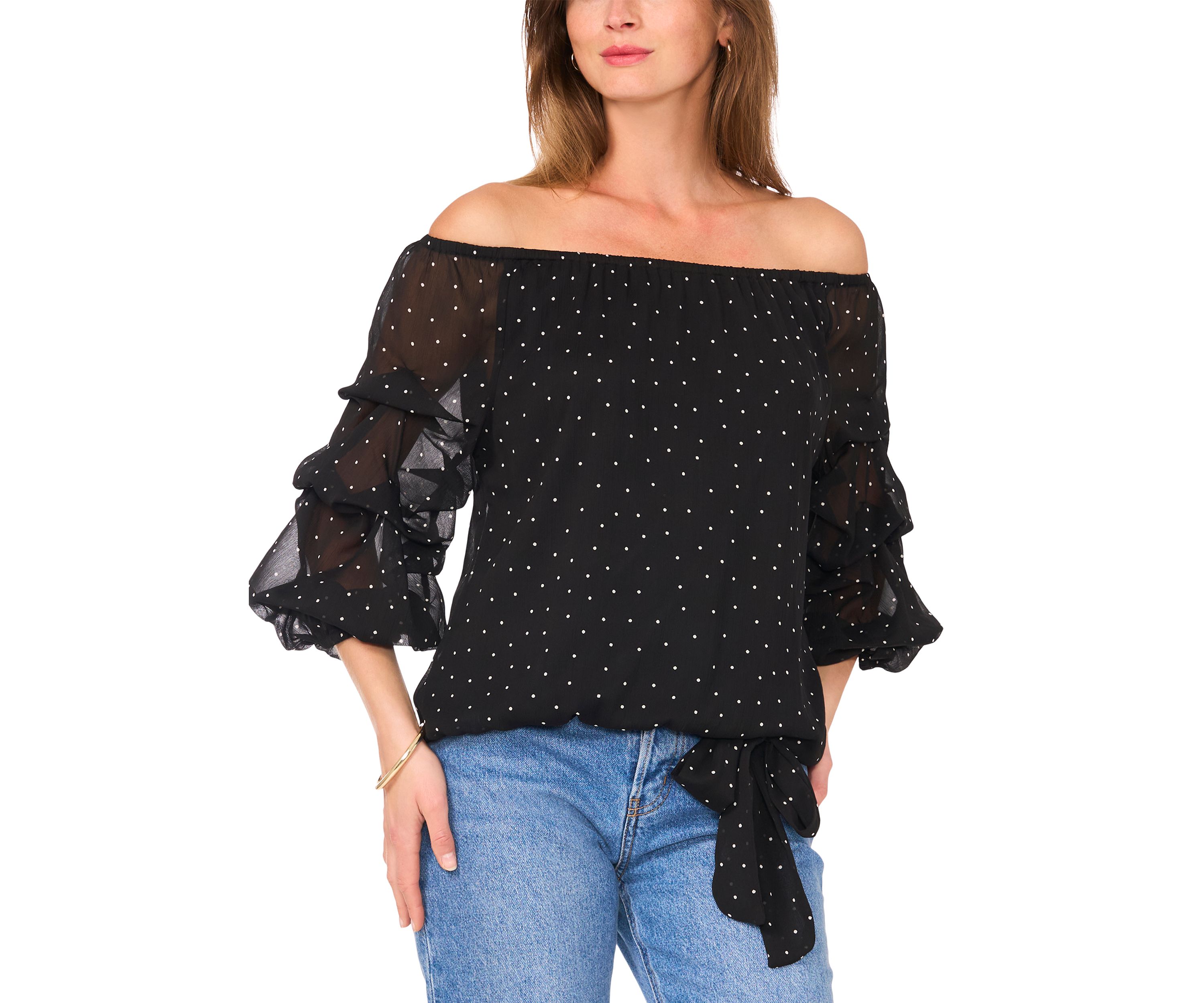 Womens Off the Shoulder Cha Cha Sleeve Dot Print Blouse