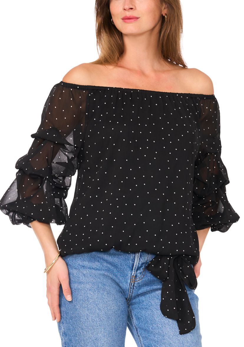 Womens Off the Shoulder Cha Cha Sleeve Dot Print Blouse