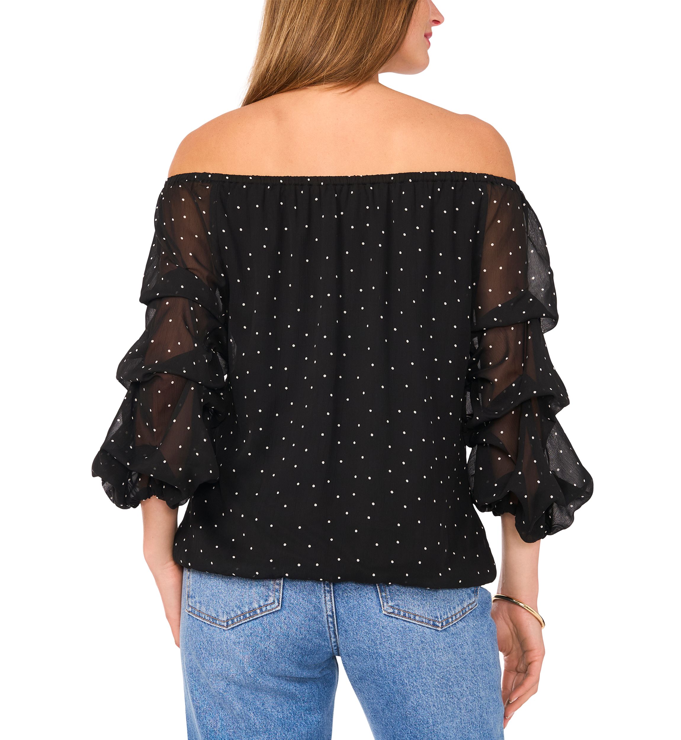 Womens Off the Shoulder Cha Cha Sleeve Dot Print Blouse