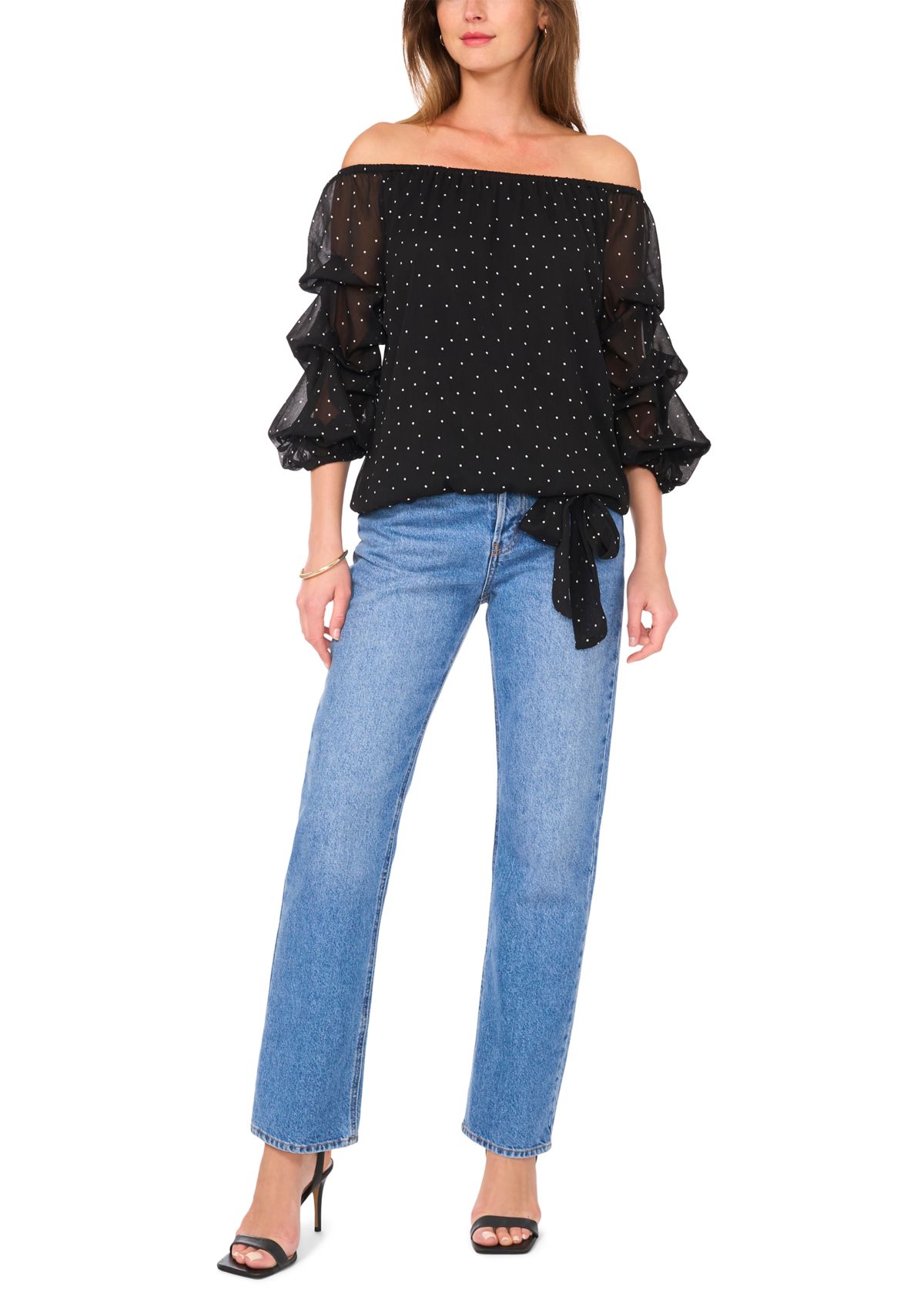 Womens Off the Shoulder Cha Cha Sleeve Dot Print Blouse