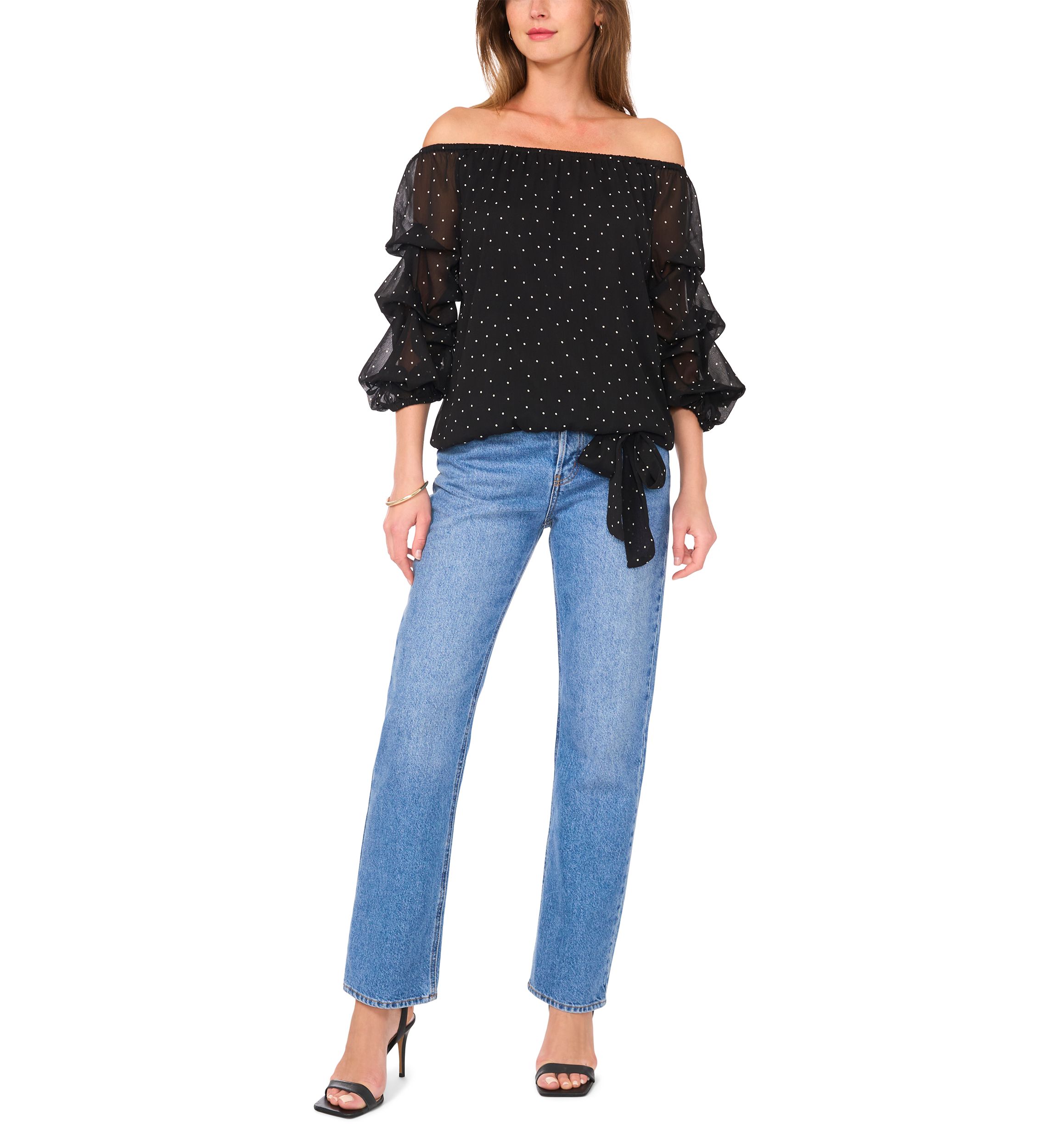 Womens Off the Shoulder Cha Cha Sleeve Dot Print Blouse