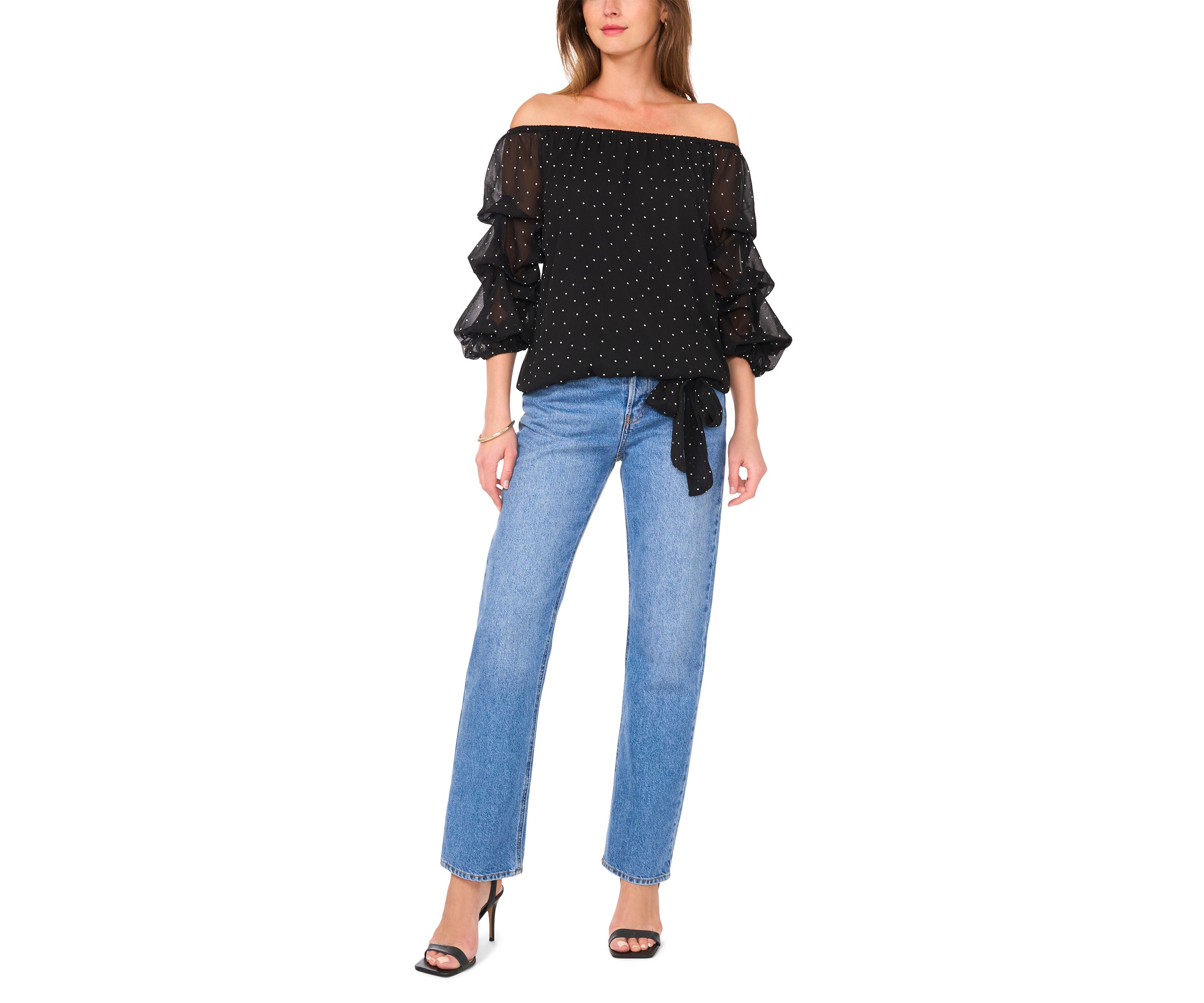 Womens Off the Shoulder Cha Cha Sleeve Dot Print Blouse