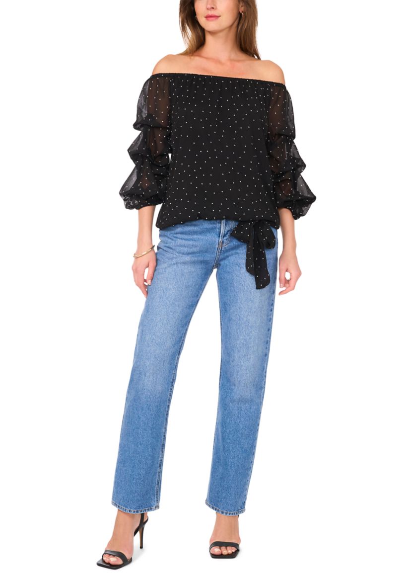 Womens Off the Shoulder Cha Cha Sleeve Dot Print Blouse