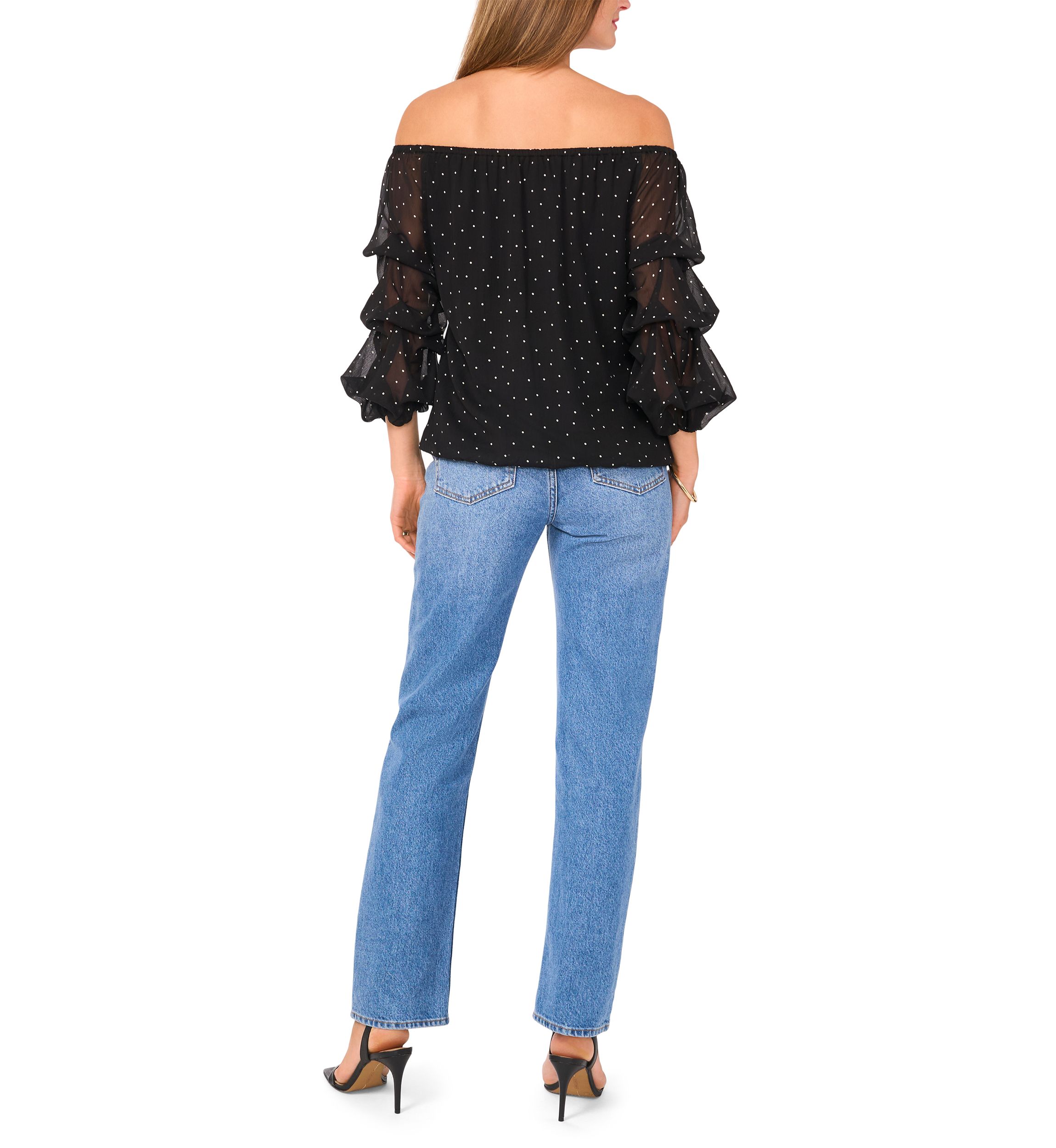 Womens Off the Shoulder Cha Cha Sleeve Dot Print Blouse