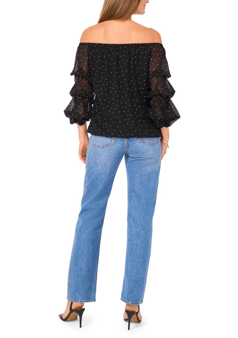 Womens Off the Shoulder Cha Cha Sleeve Dot Print Blouse