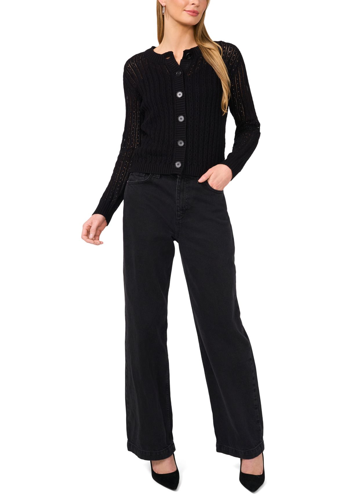 Womens Button Front Pointelle Cardigan 