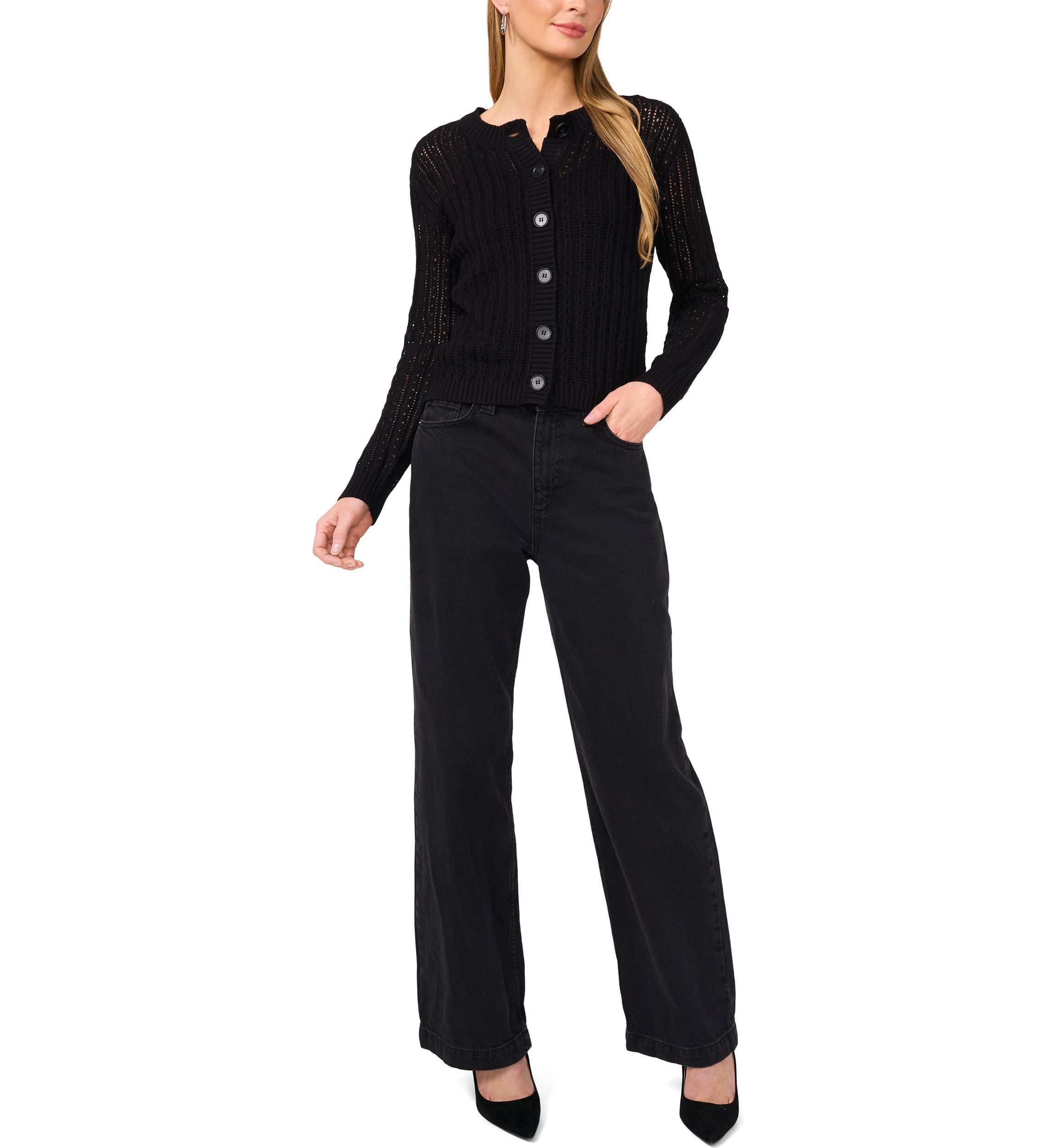 Womens Button Front Pointelle Cardigan 