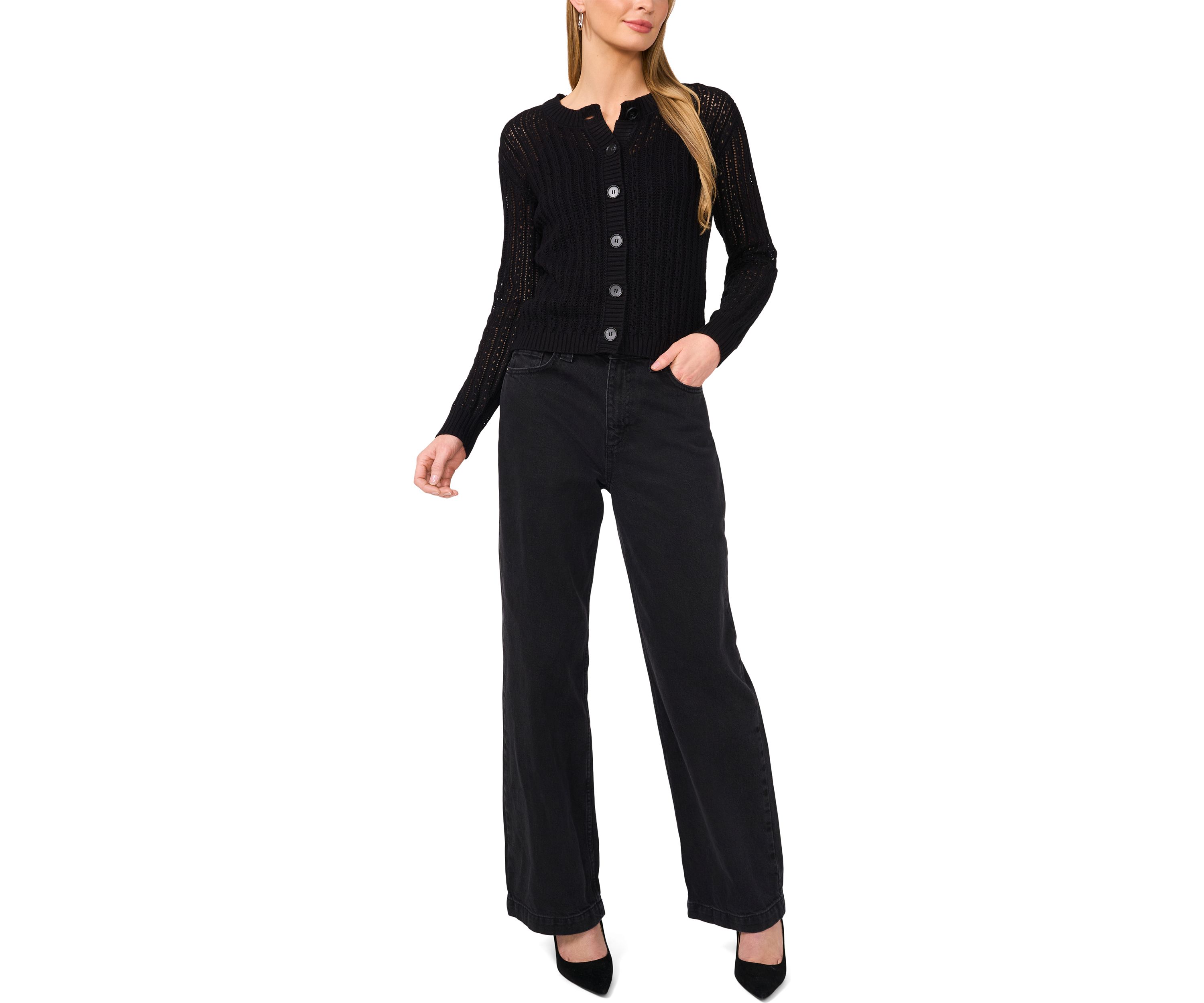Womens Button Front Pointelle Cardigan 