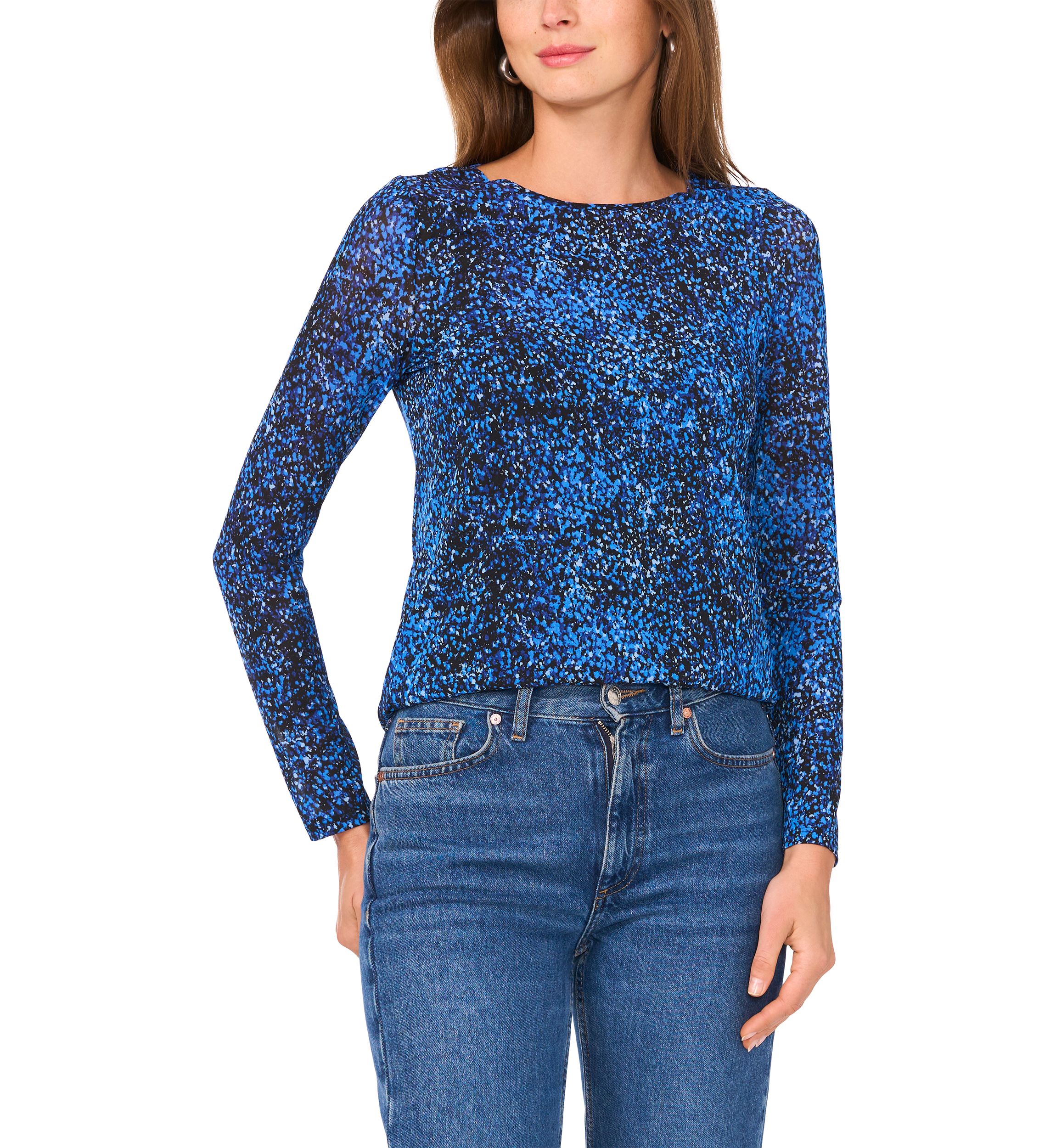 Petite Long Sleeve Printed Mesh Top
