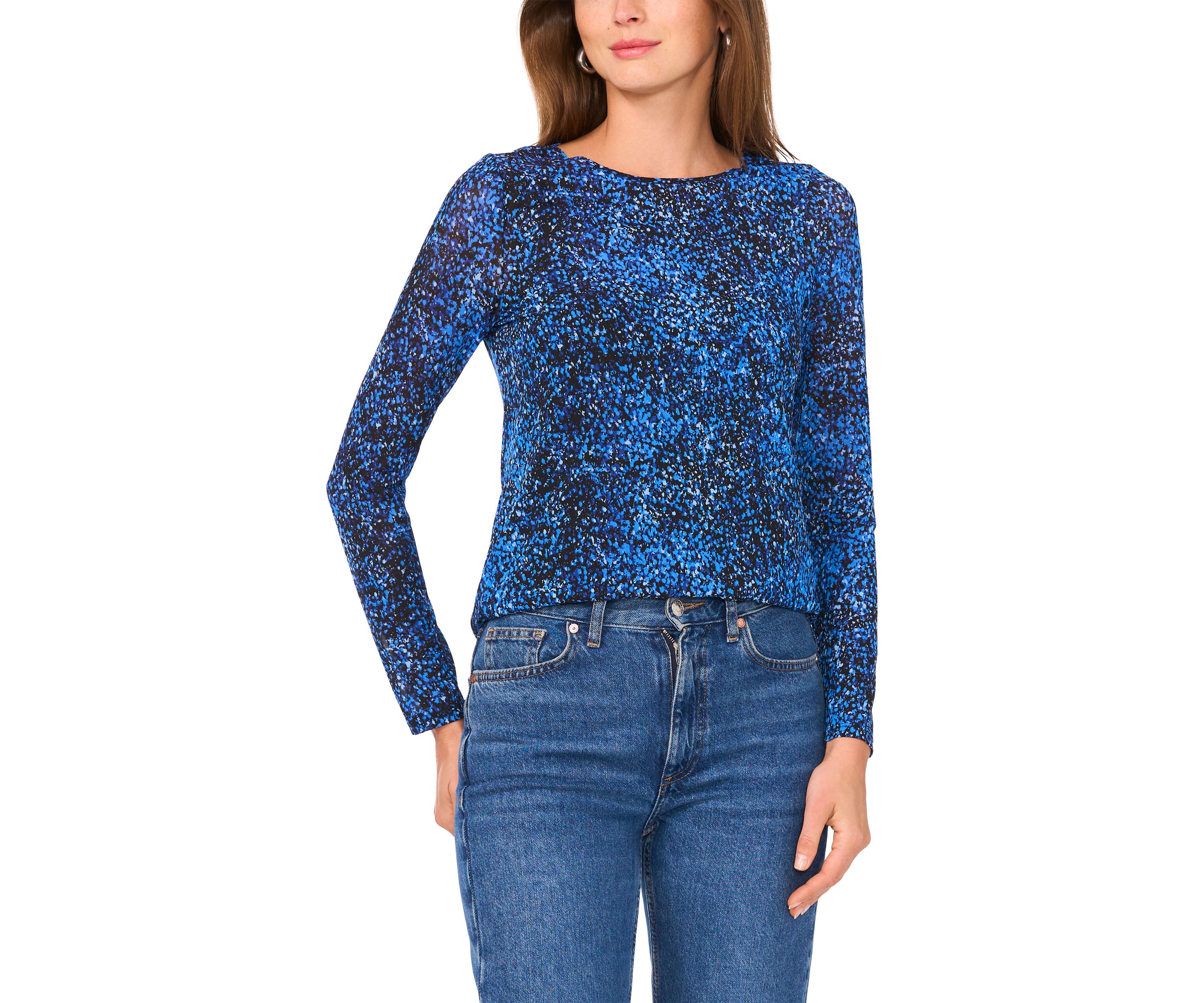 Petite Long Sleeve Printed Mesh Top