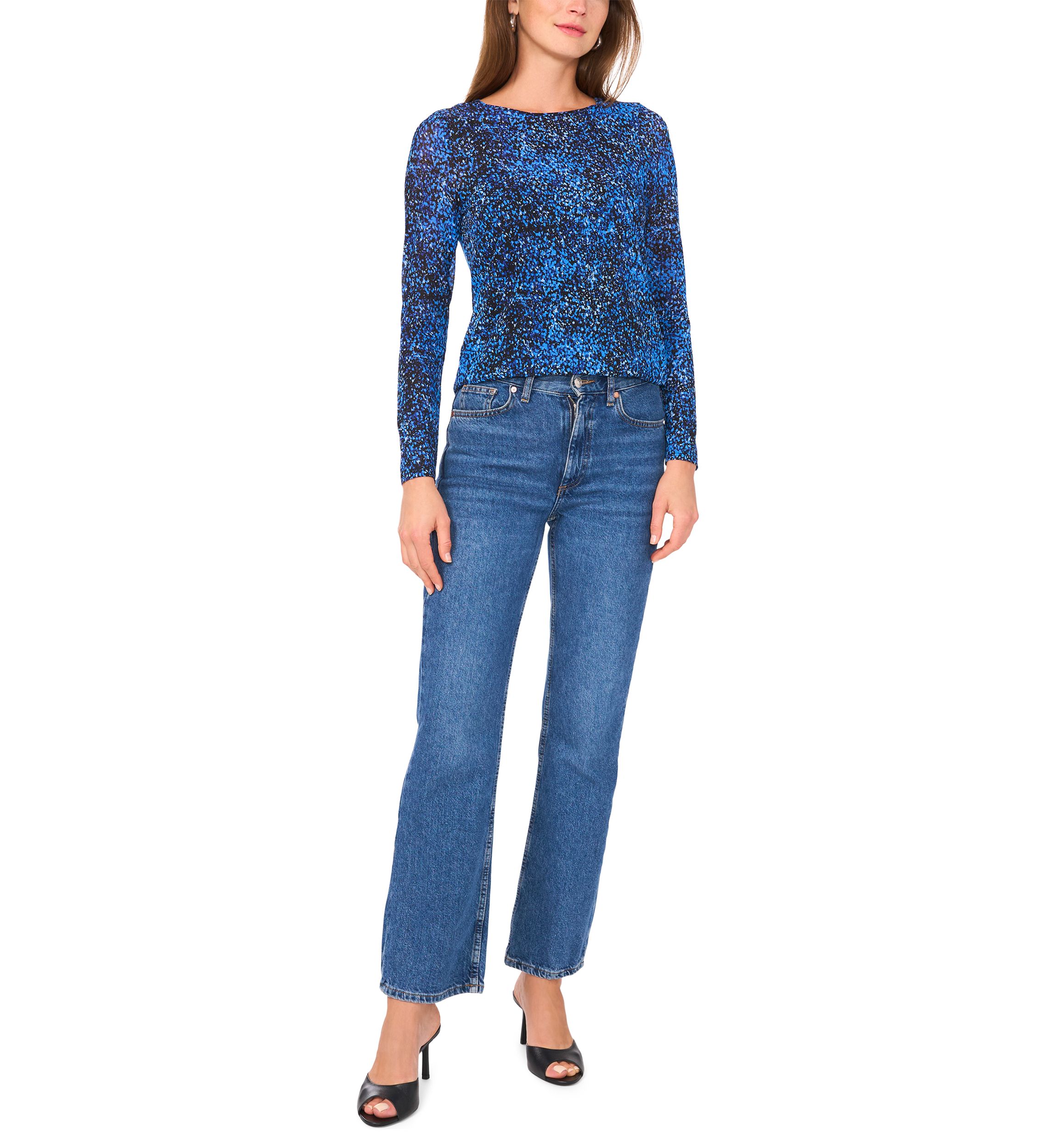 Petite Long Sleeve Printed Mesh Top