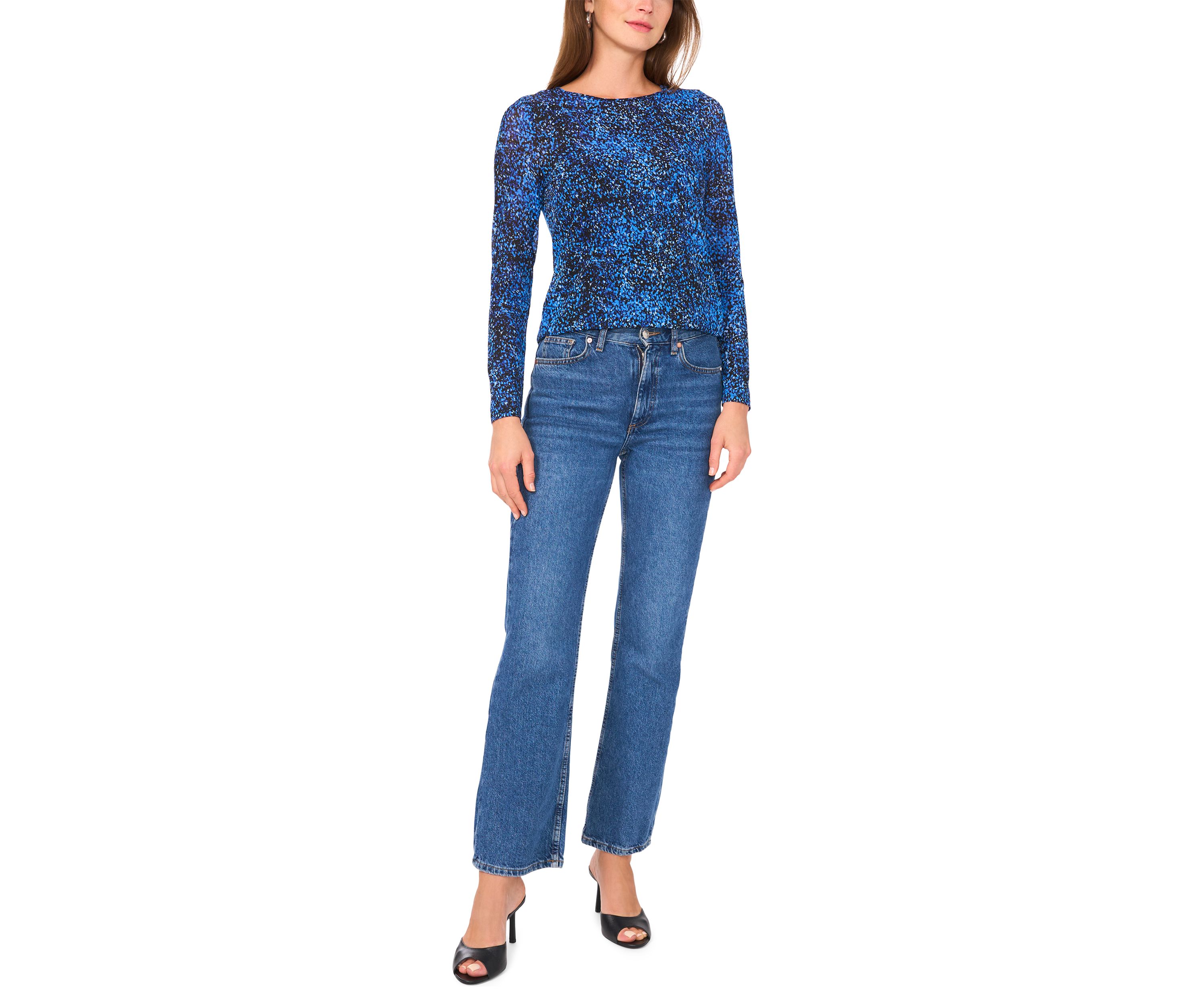 Petite Long Sleeve Printed Mesh Top