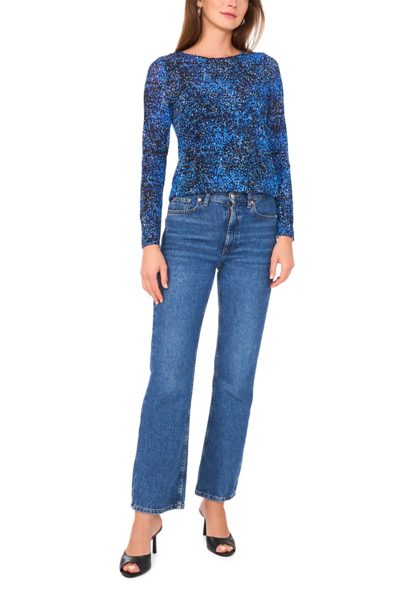 Petite Long Sleeve Printed Mesh Top
