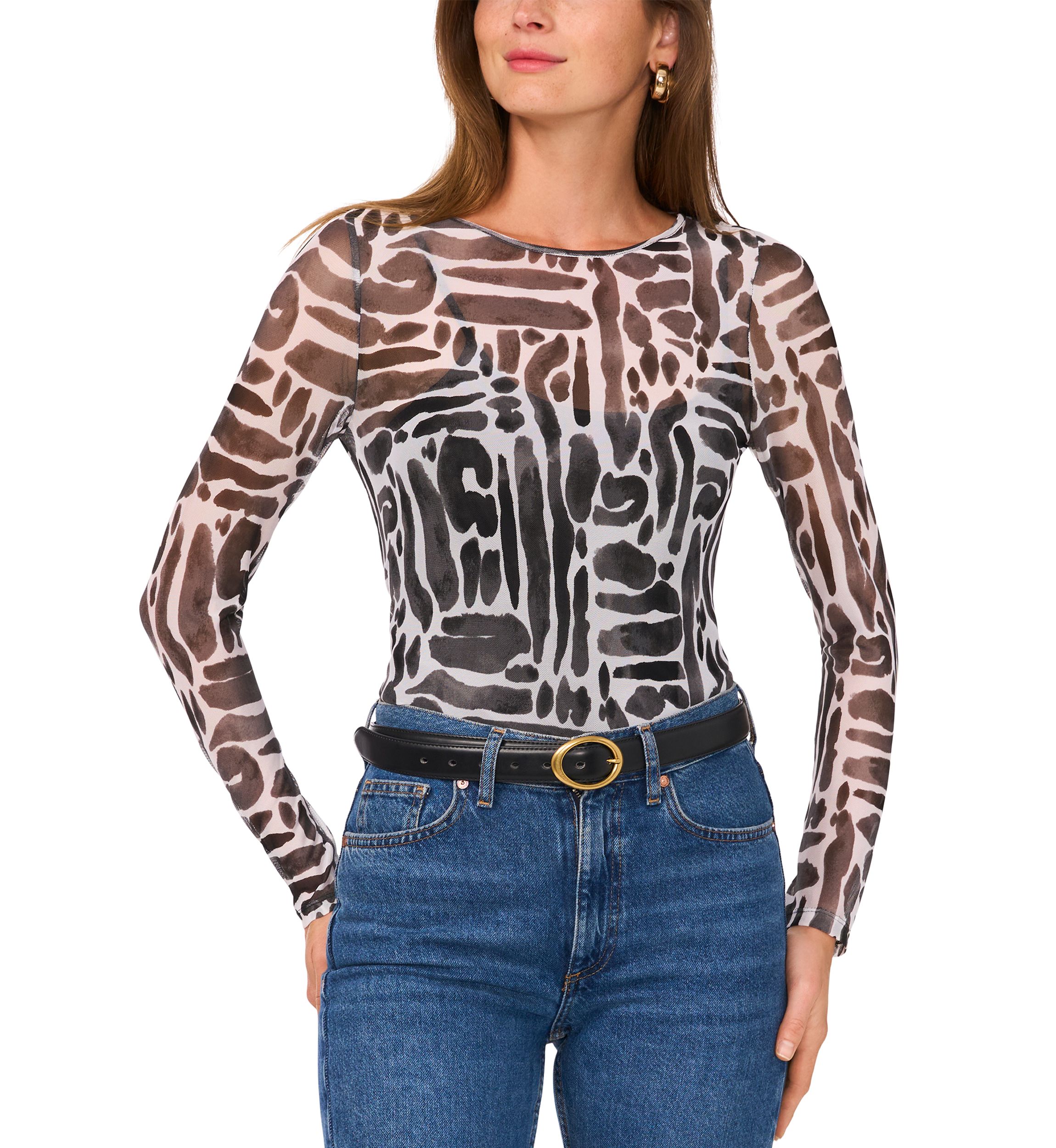 Womens Geometric Print Mesh Top