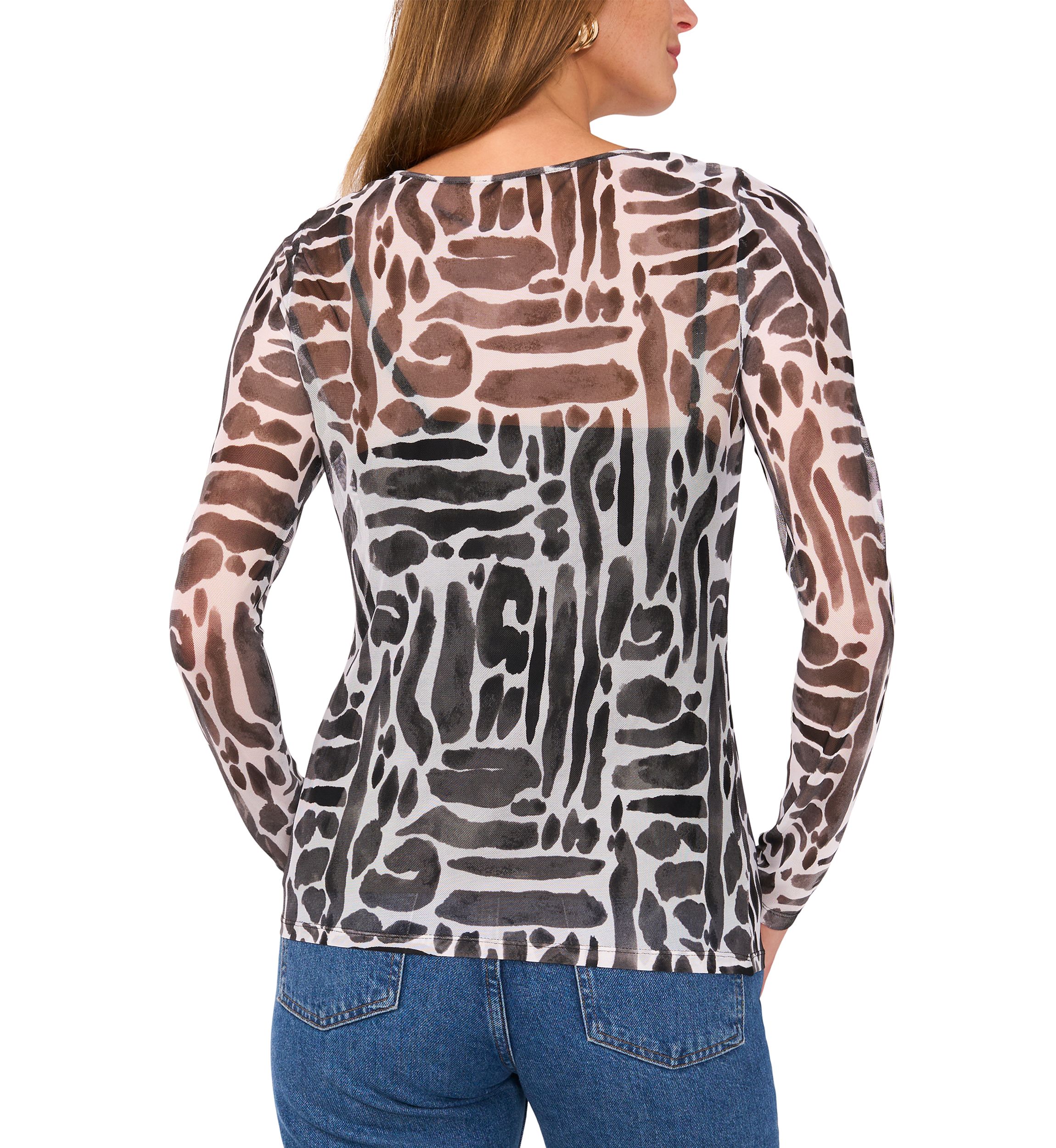 Womens Geometric Print Mesh Top