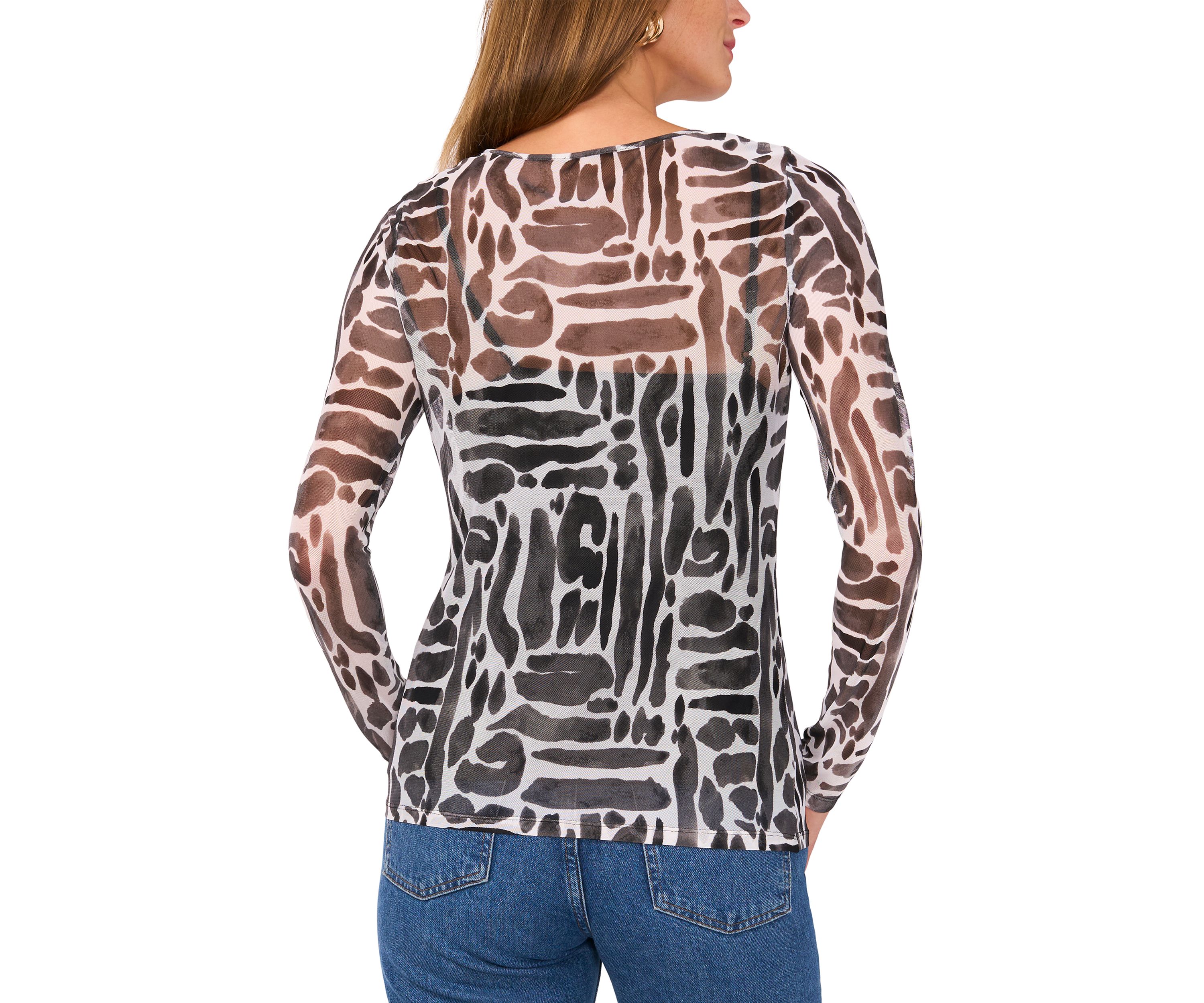 Womens Geometric Print Mesh Top