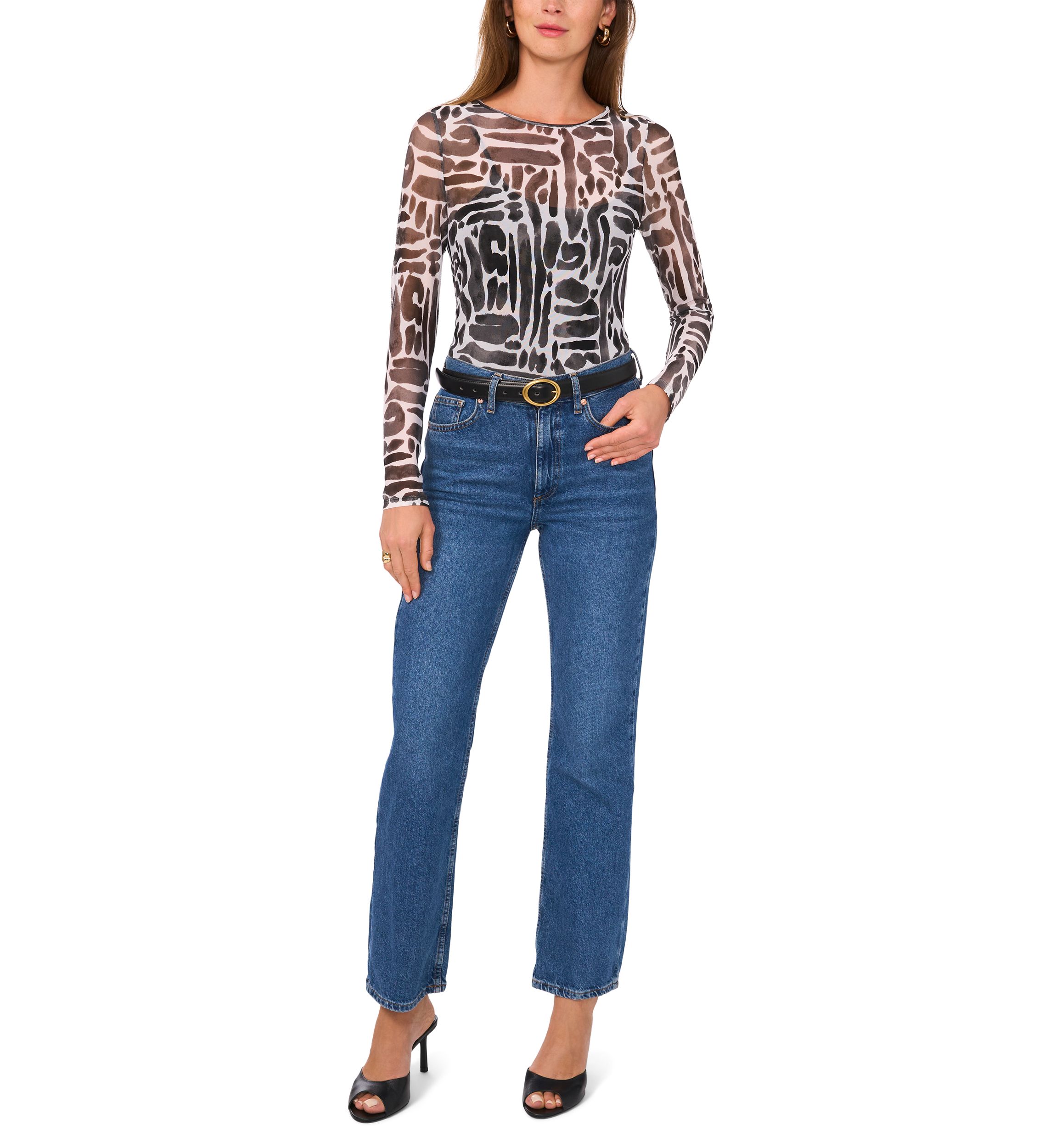 Womens Geometric Print Mesh Top