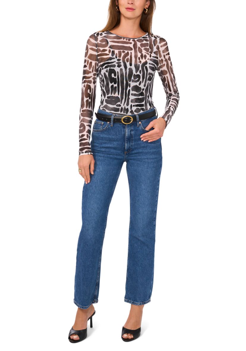 Womens Geometric Print Mesh Top
