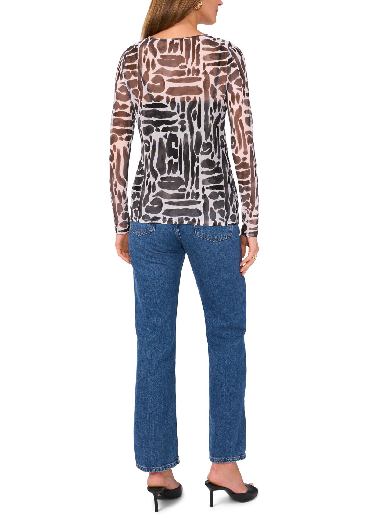 Womens Geometric Print Mesh Top