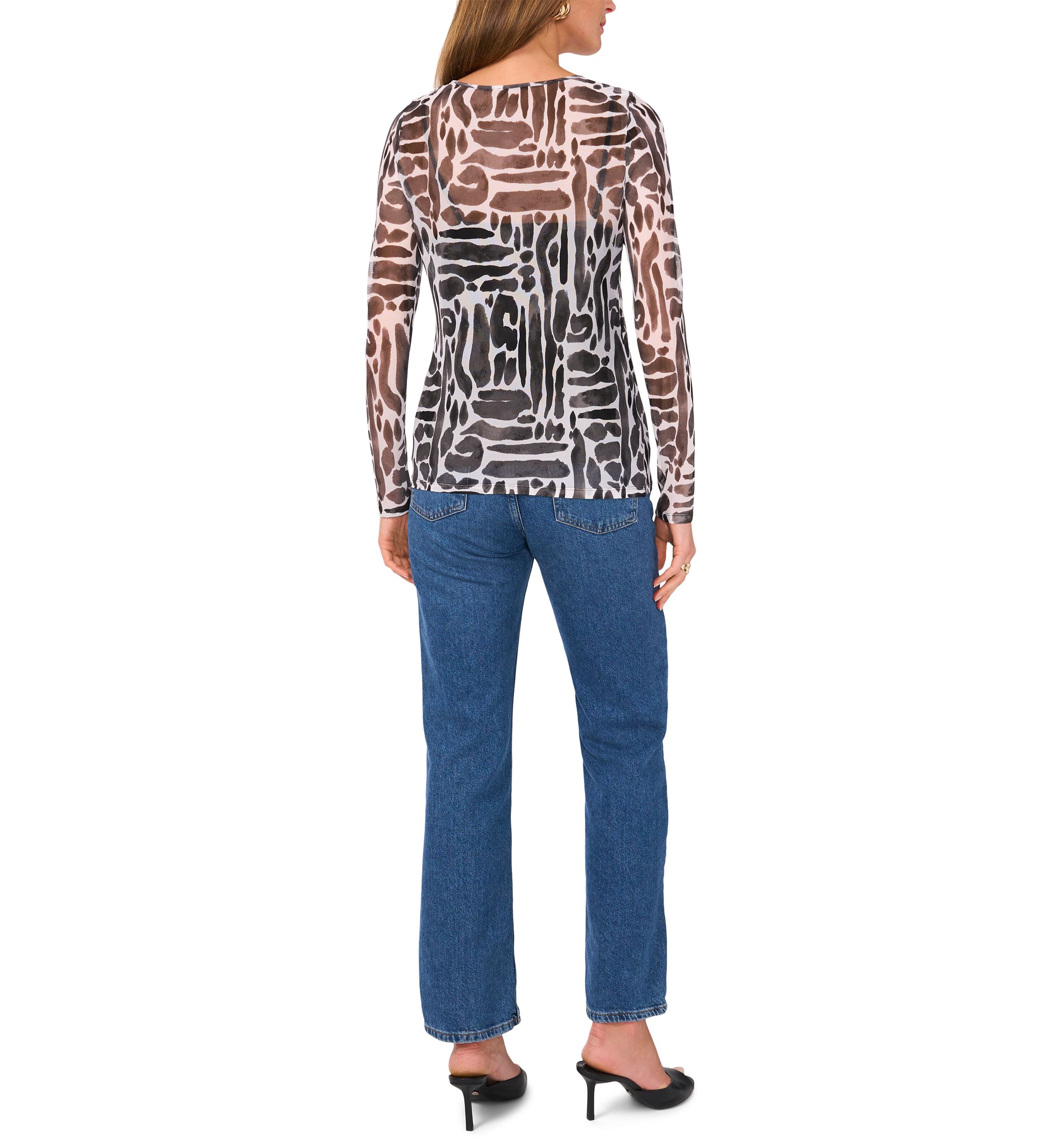 Womens Geometric Print Mesh Top
