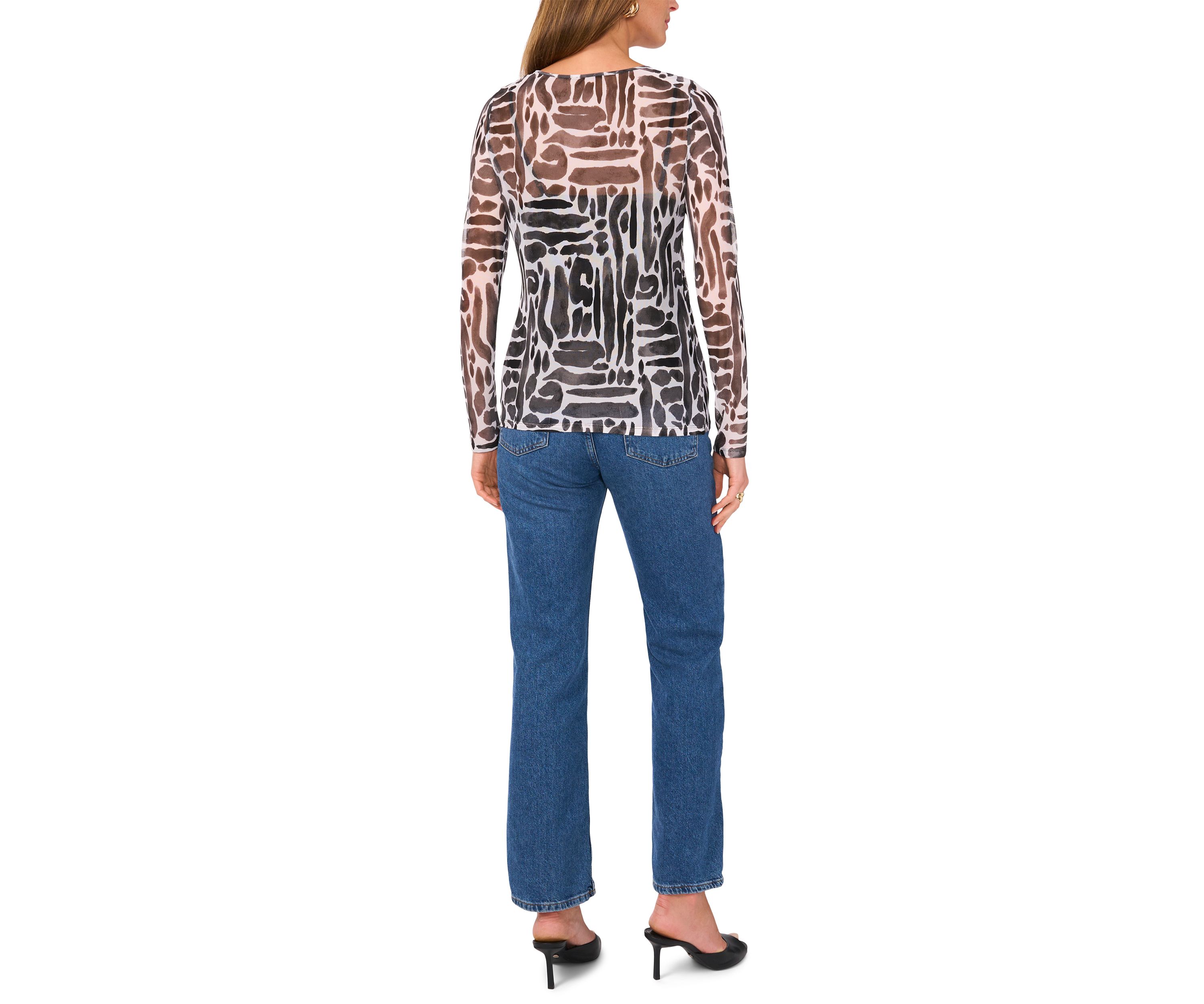 Womens Geometric Print Mesh Top