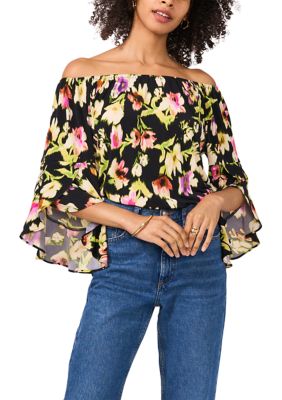 Vince Camuto Women's Off the Shoulder Bell Sleeve Printed Top, Black, Small
