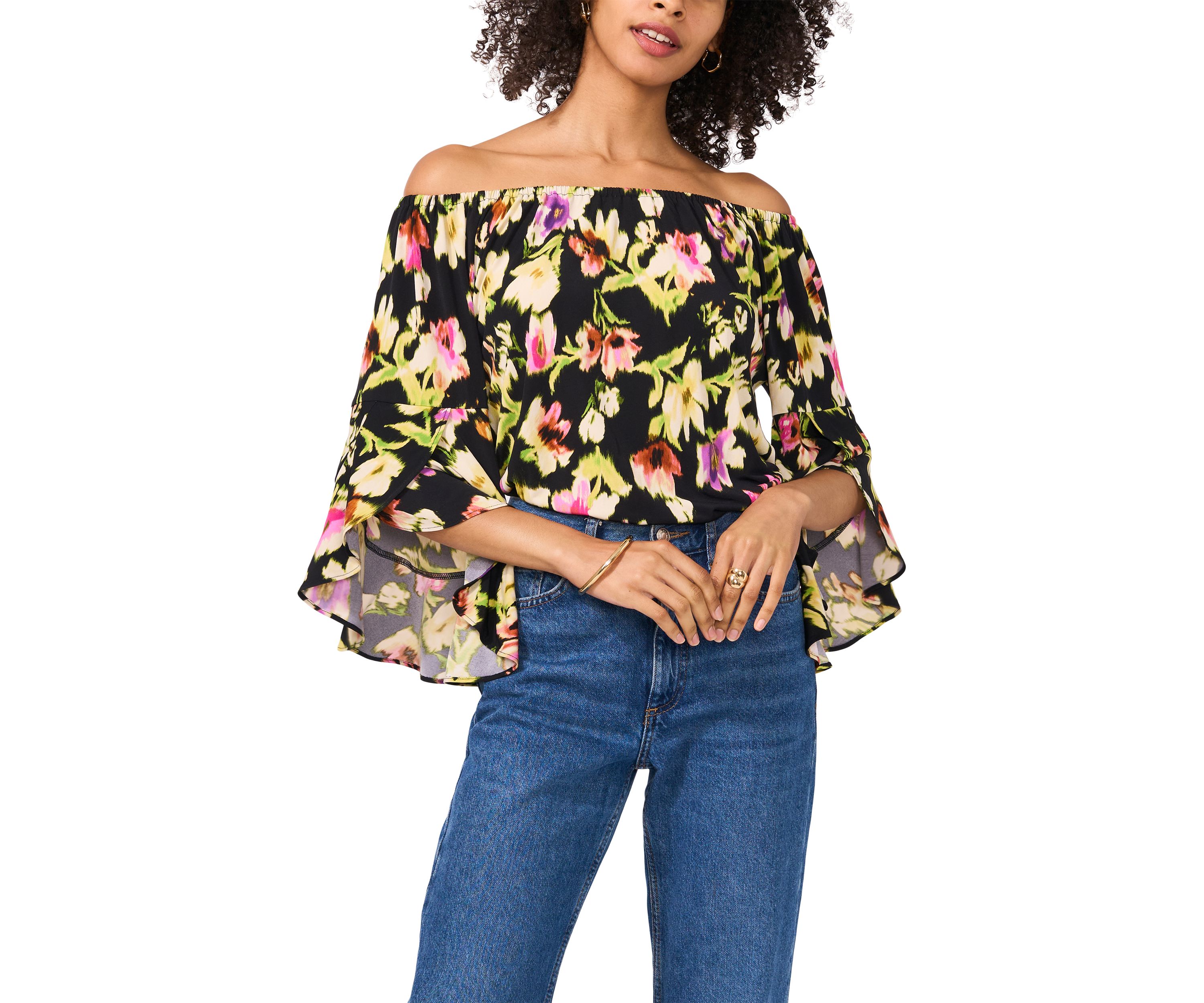 Womens Off the Shoulder Bell  Sleeve Printed Top 