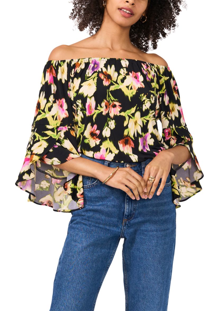 Womens Off the Shoulder Bell  Sleeve Printed Top 