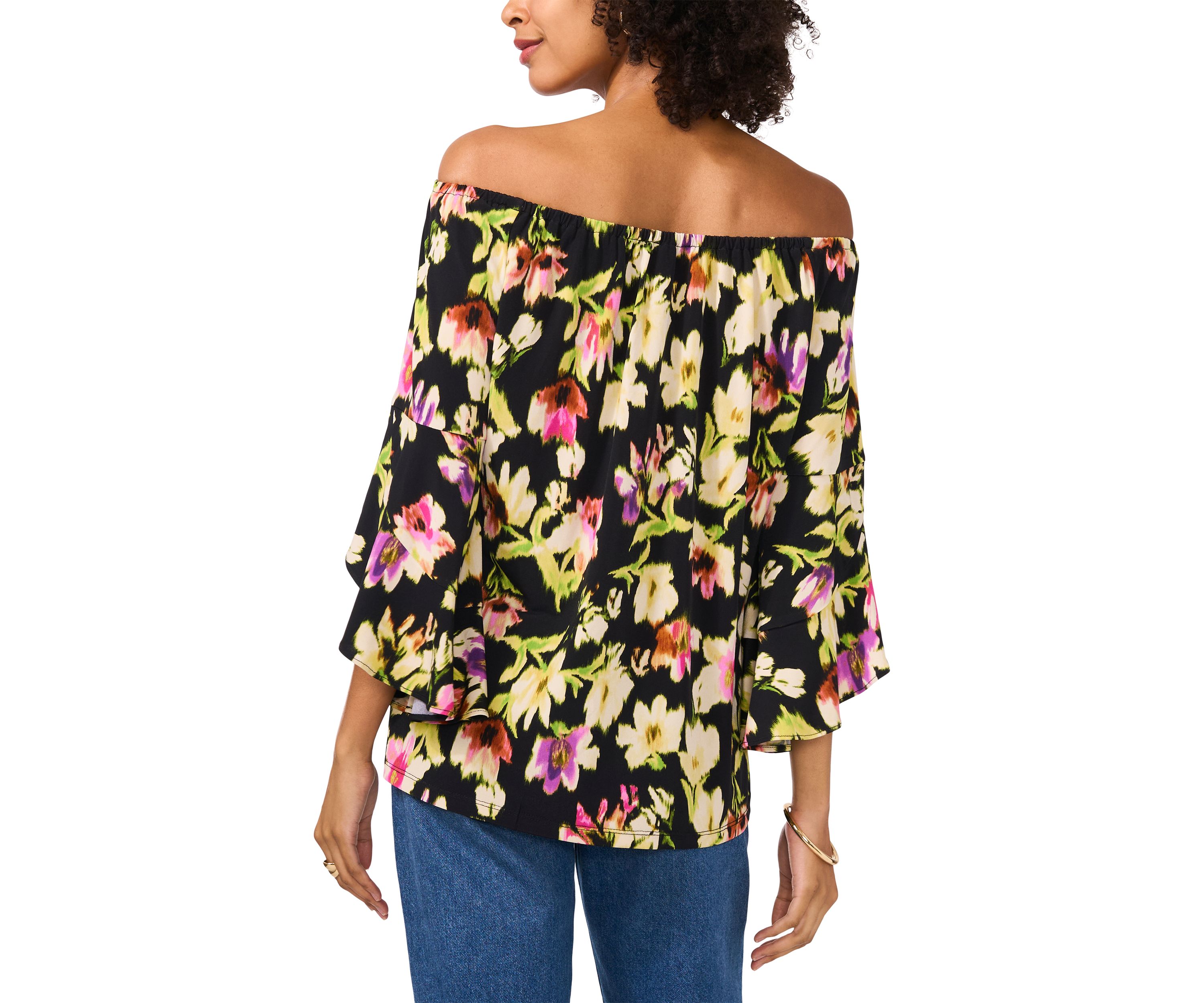 Womens Off the Shoulder Bell  Sleeve Printed Top 
