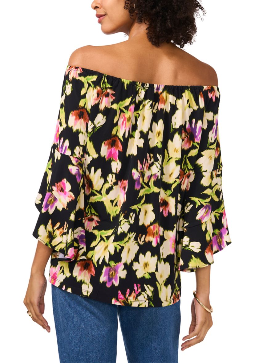 Womens Off the Shoulder Bell  Sleeve Printed Top 