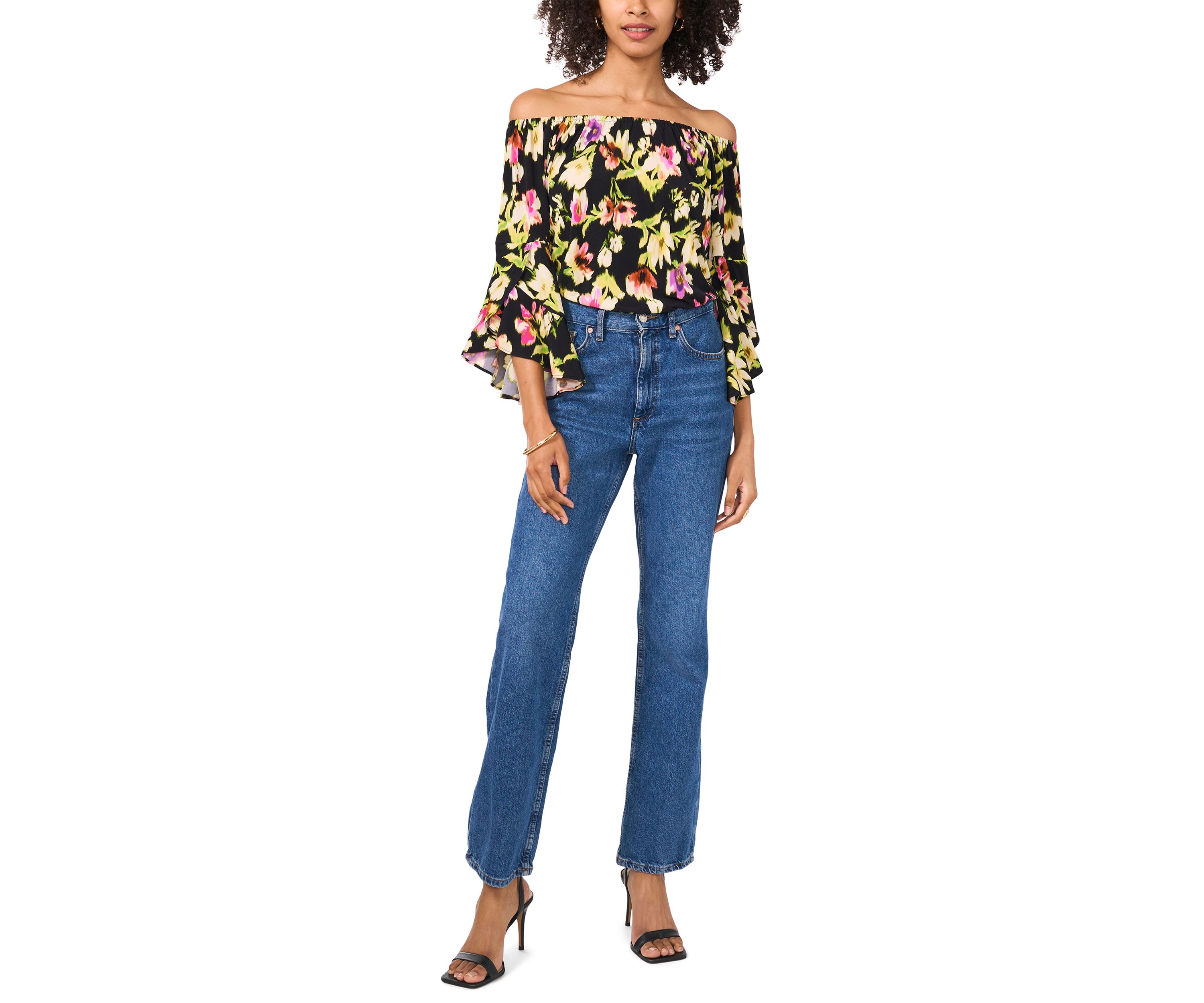 Womens Off the Shoulder Bell  Sleeve Printed Top 