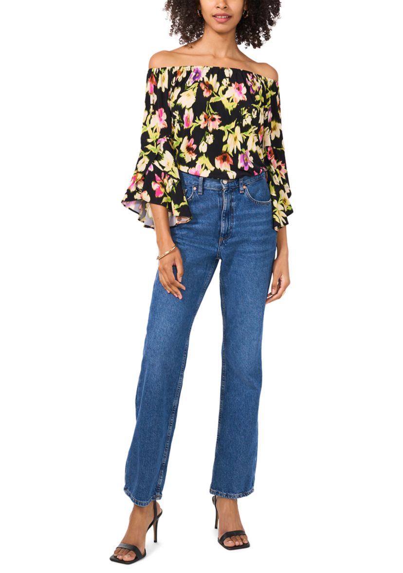 Womens Off the Shoulder Bell  Sleeve Printed Top 