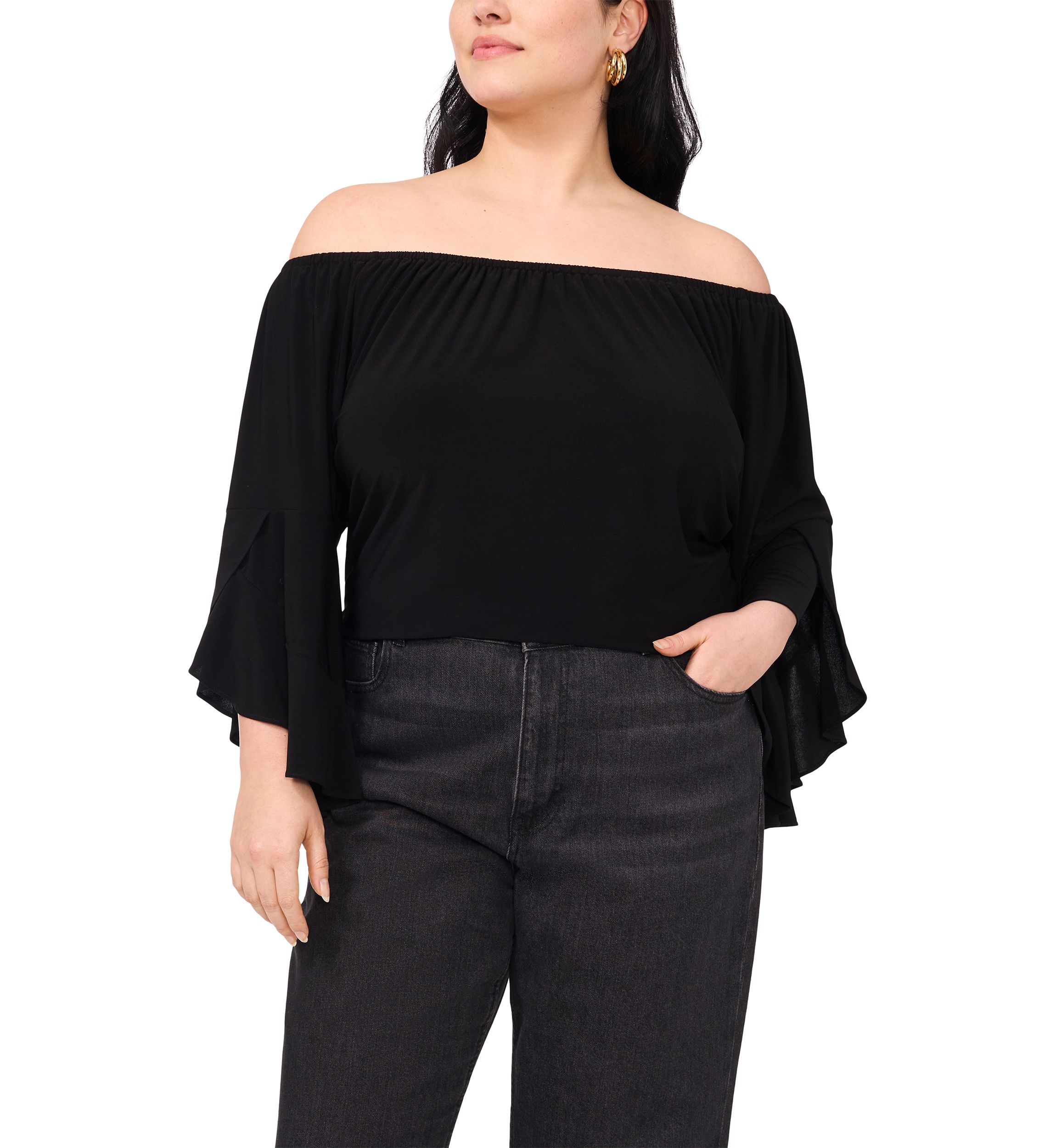Plus Size Off the Shoulder Solid Ruffle Sleeve Top