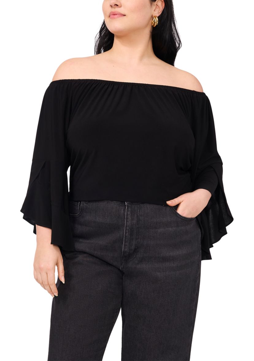 Plus Size Off the Shoulder Solid Ruffle Sleeve Top