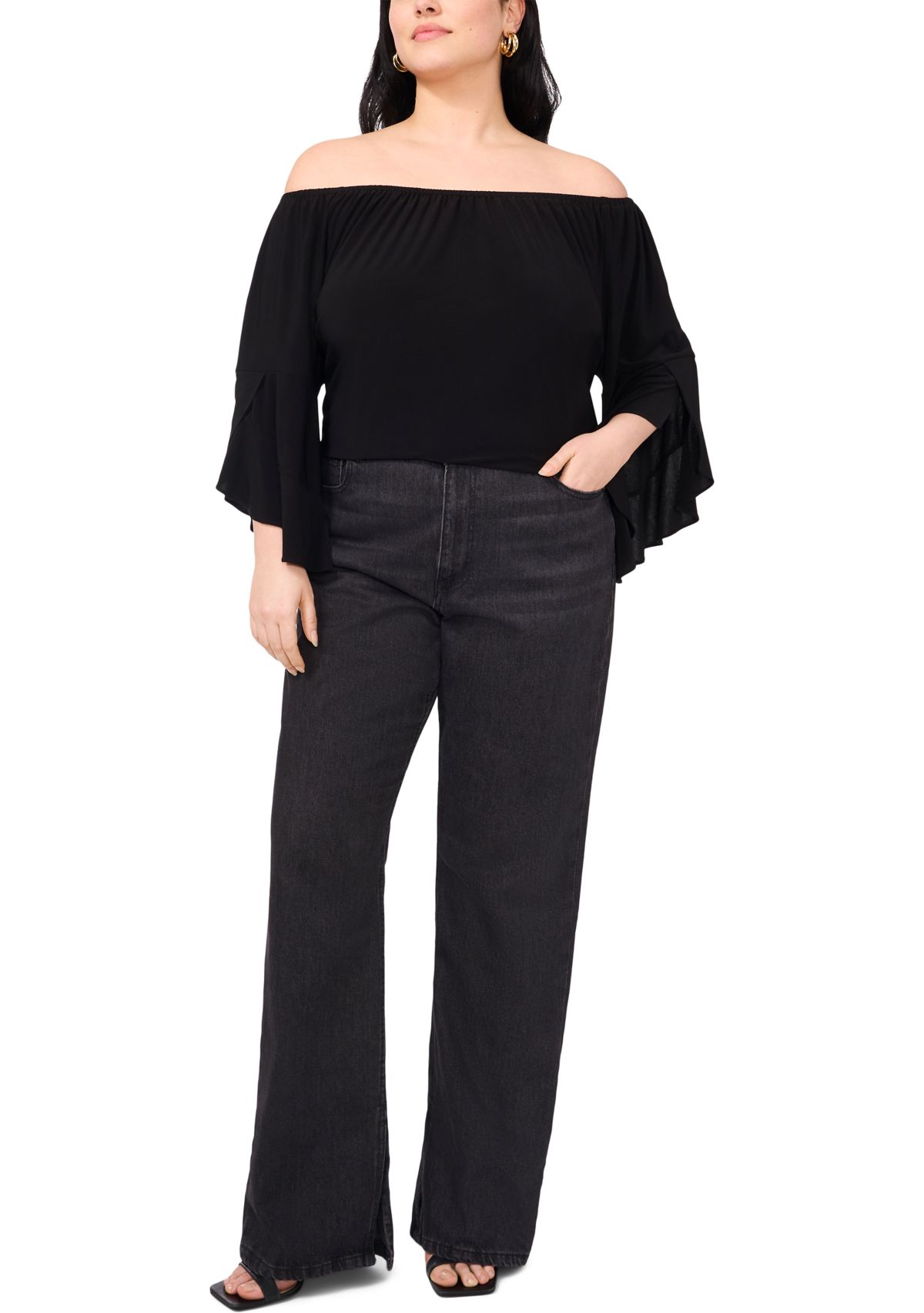 Plus Size Off the Shoulder Solid Ruffle Sleeve Top