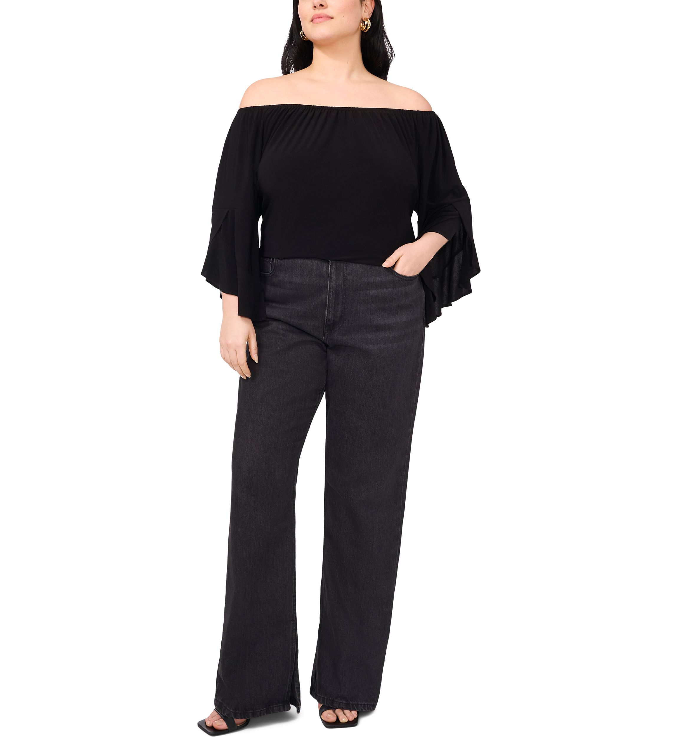 Plus Size Off the Shoulder Solid Ruffle Sleeve Top
