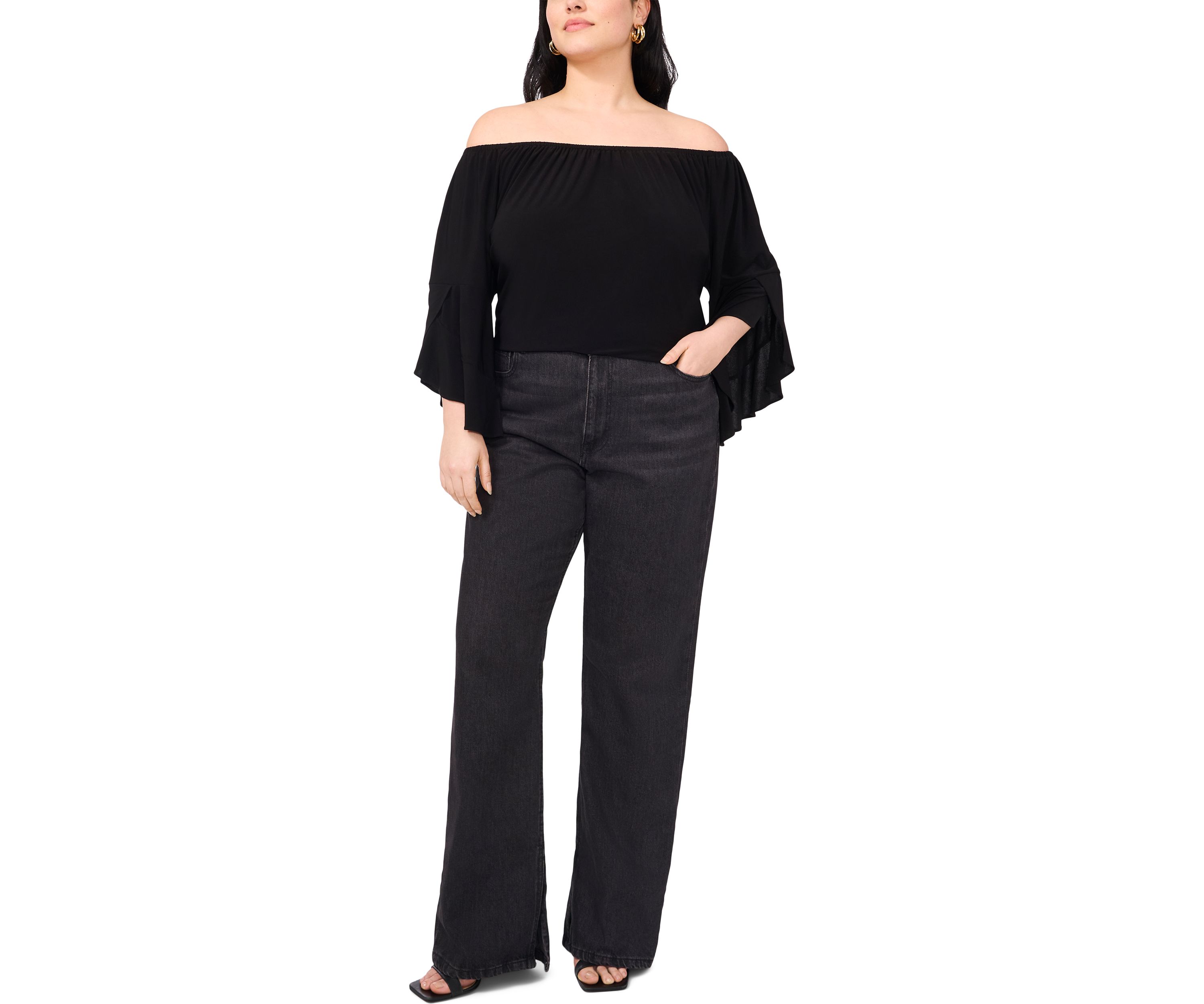 Plus Size Off the Shoulder Solid Ruffle Sleeve Top