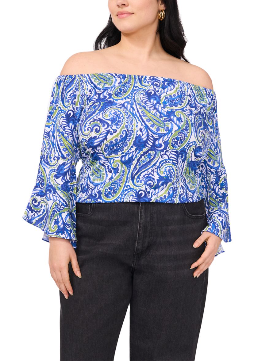 Plus Size Off the Shoulder Solid Ruffle Sleeve Top